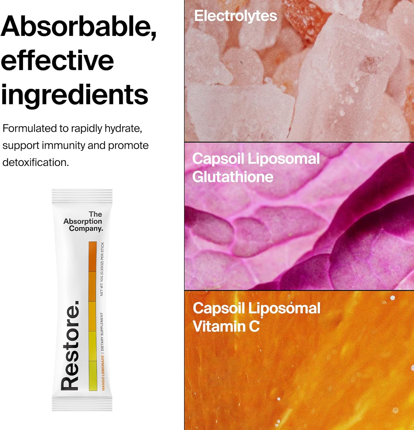 Highlights multiple benefits of the product's ingredients, emphasizing their effectiveness in hydration, immunity support, and detoxification.