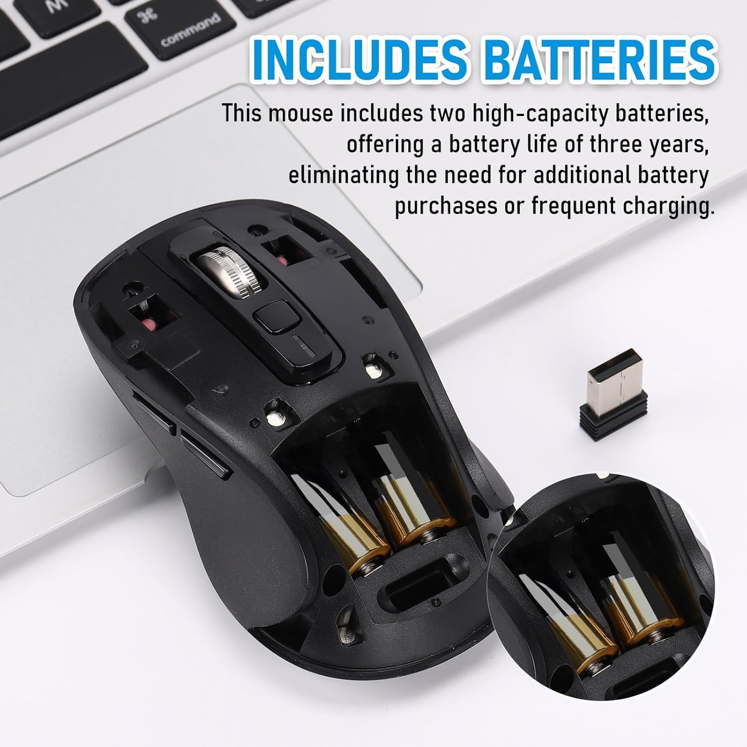 Highlights the long 3-year battery life and inclusion of high-capacity batteries, eliminating the need for frequent battery changes.