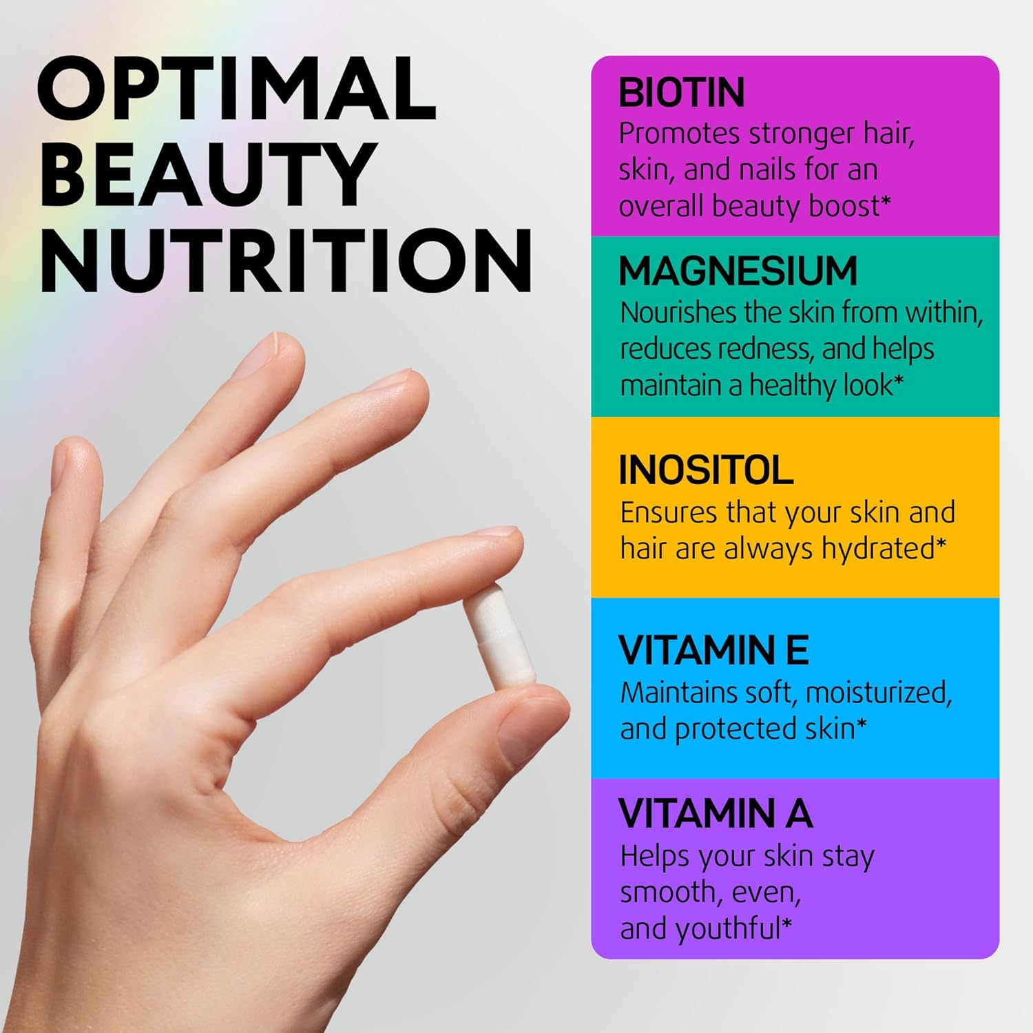 Highlights multiple key ingredients in the product and their specific benefits for skin, hair, and overall beauty enhancement.