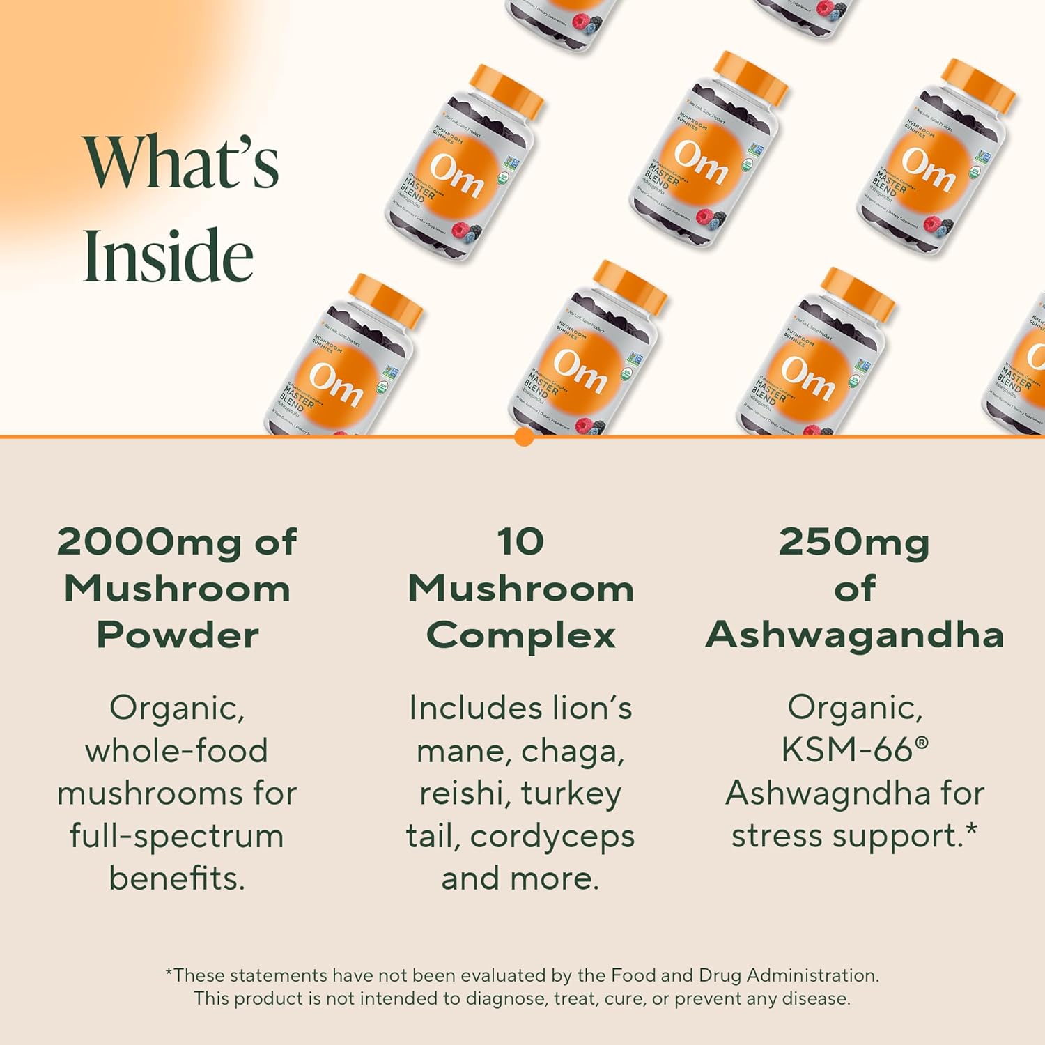 Highlights the key ingredients and benefits of the mushroom supplement product.