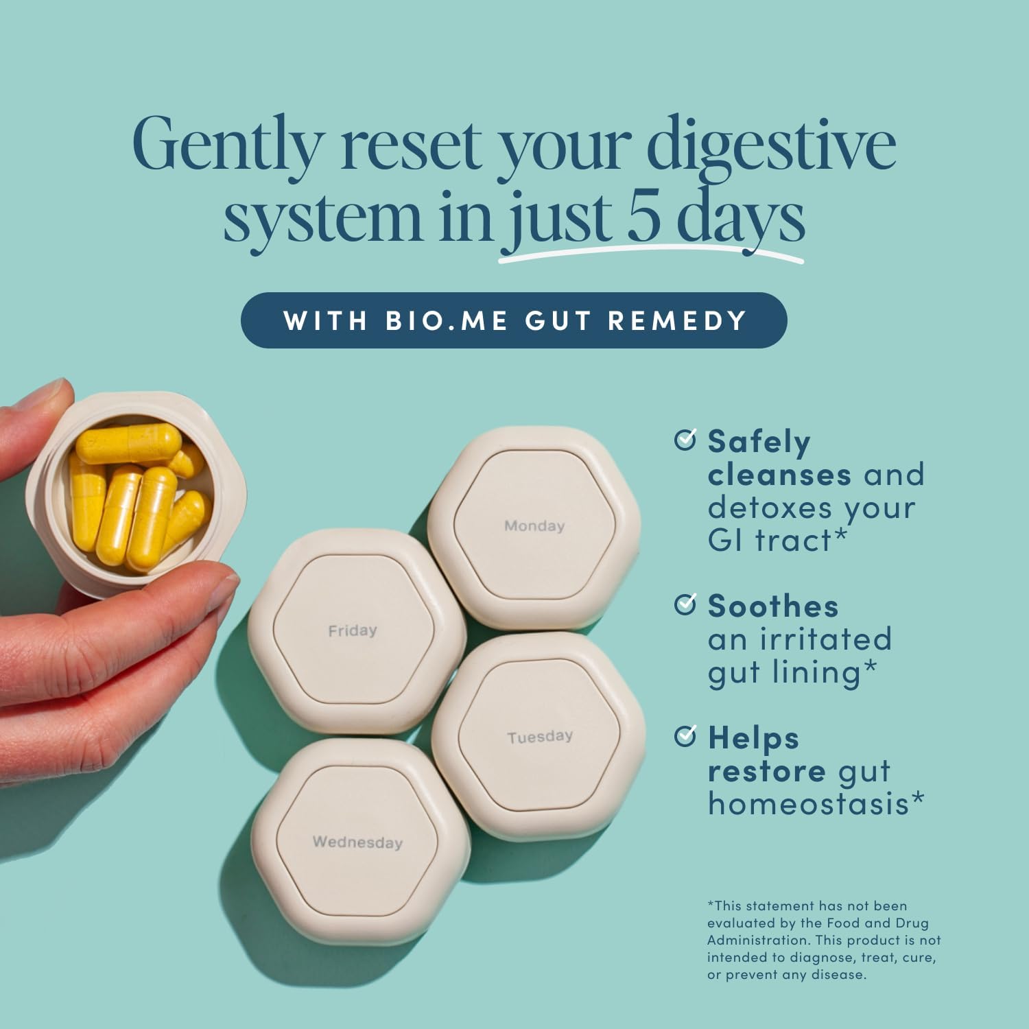 Highlights the product's ability to gently reset and cleanse the digestive system in 5 days, soothe gut irritation, and restore gut balance.