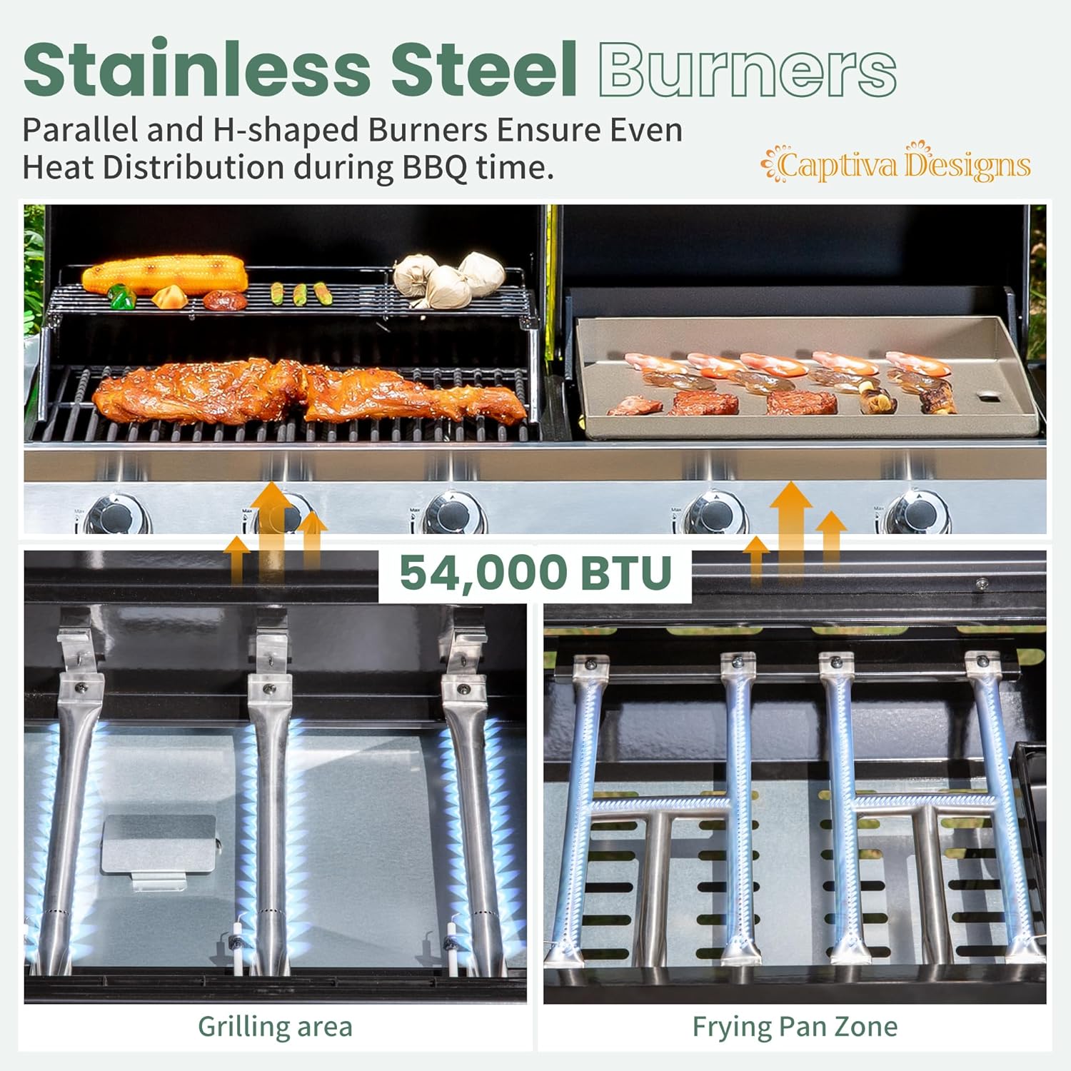Highlights the grill's stainless steel burners and high BTU output to demonstrate its ability to evenly distribute heat for effective BBQ cooking.