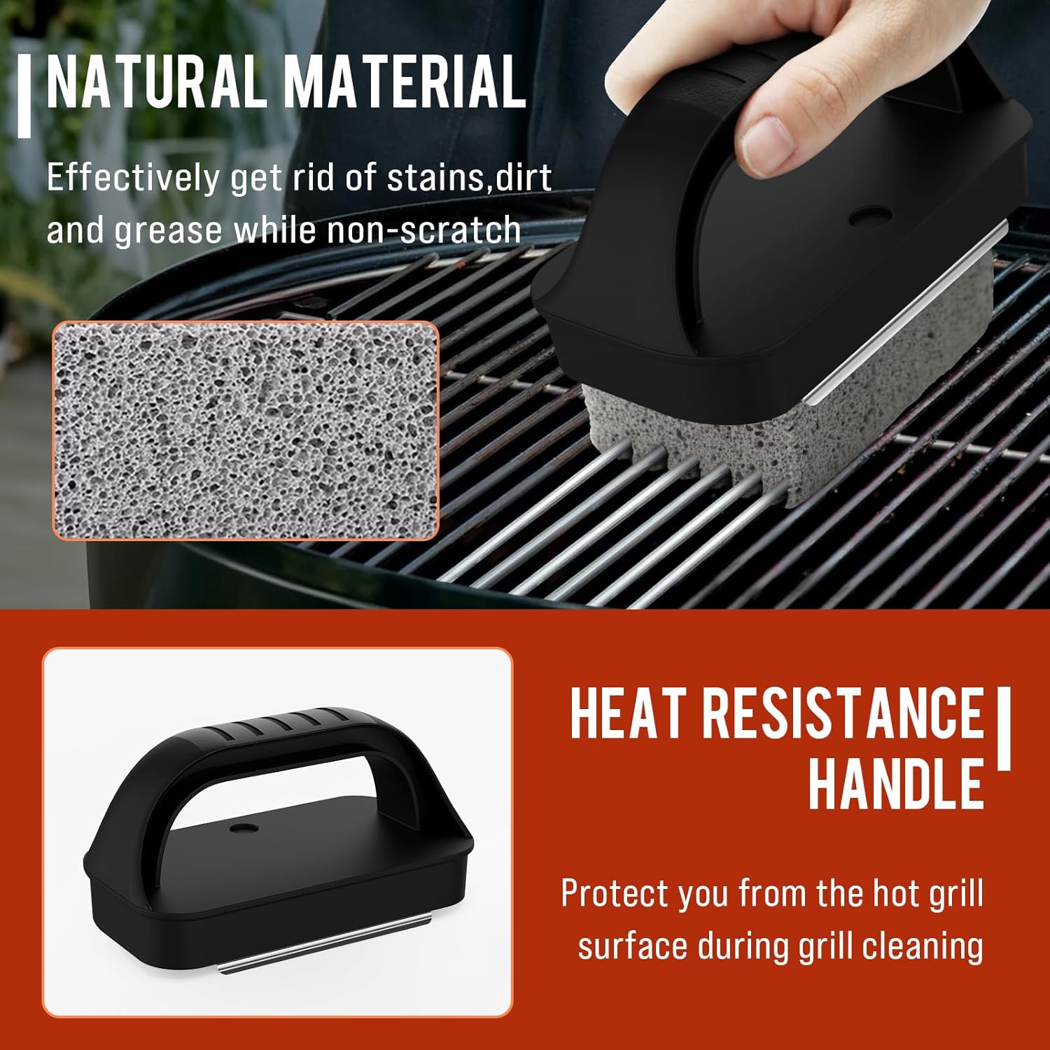 Highlights the product's natural material for effective cleaning, non-scratch surface, and heat-resistant handle to protect from hot grill surfaces.