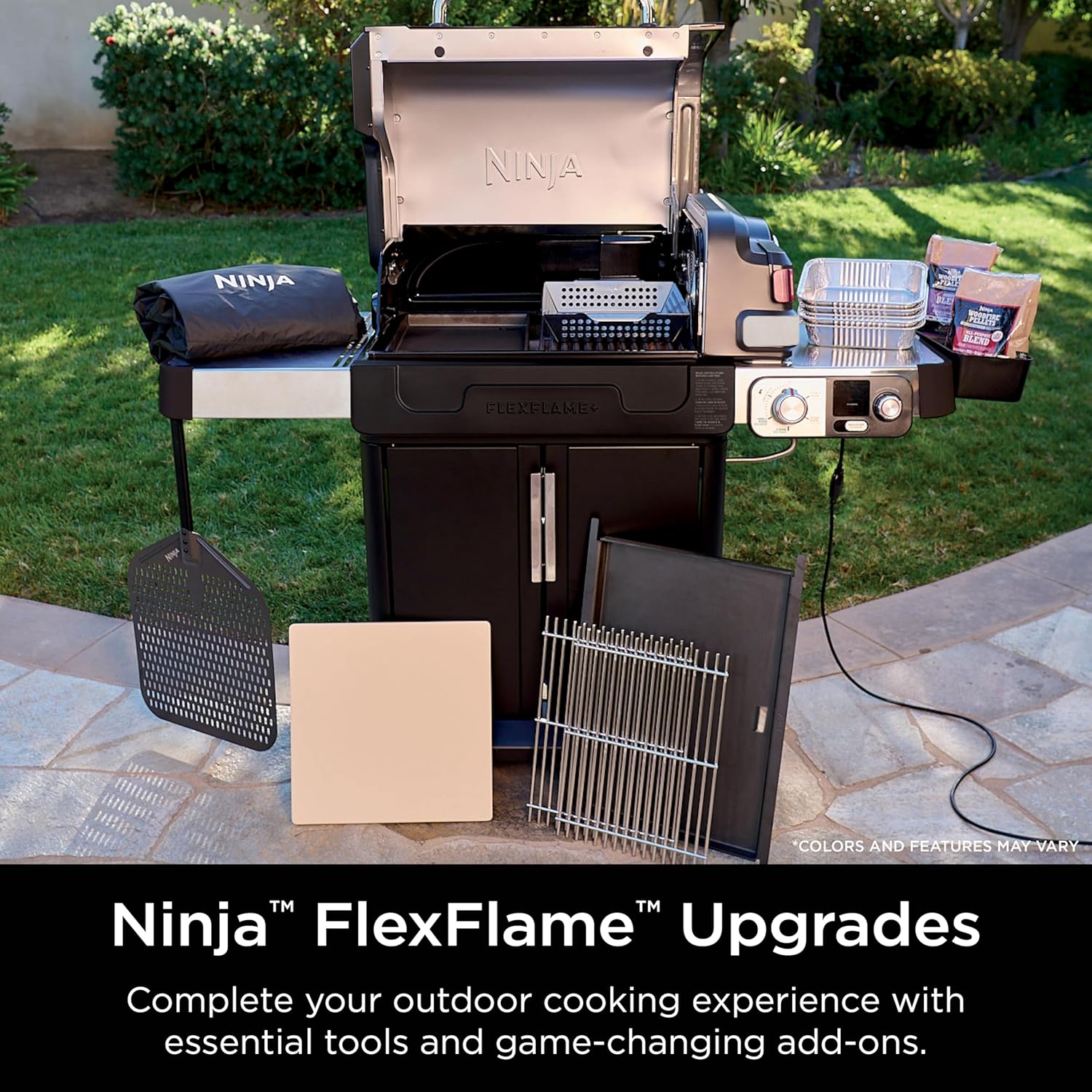 Shows the various accessories and add-ons included with the Ninja FlexFlame grill to enhance the outdoor cooking experience.