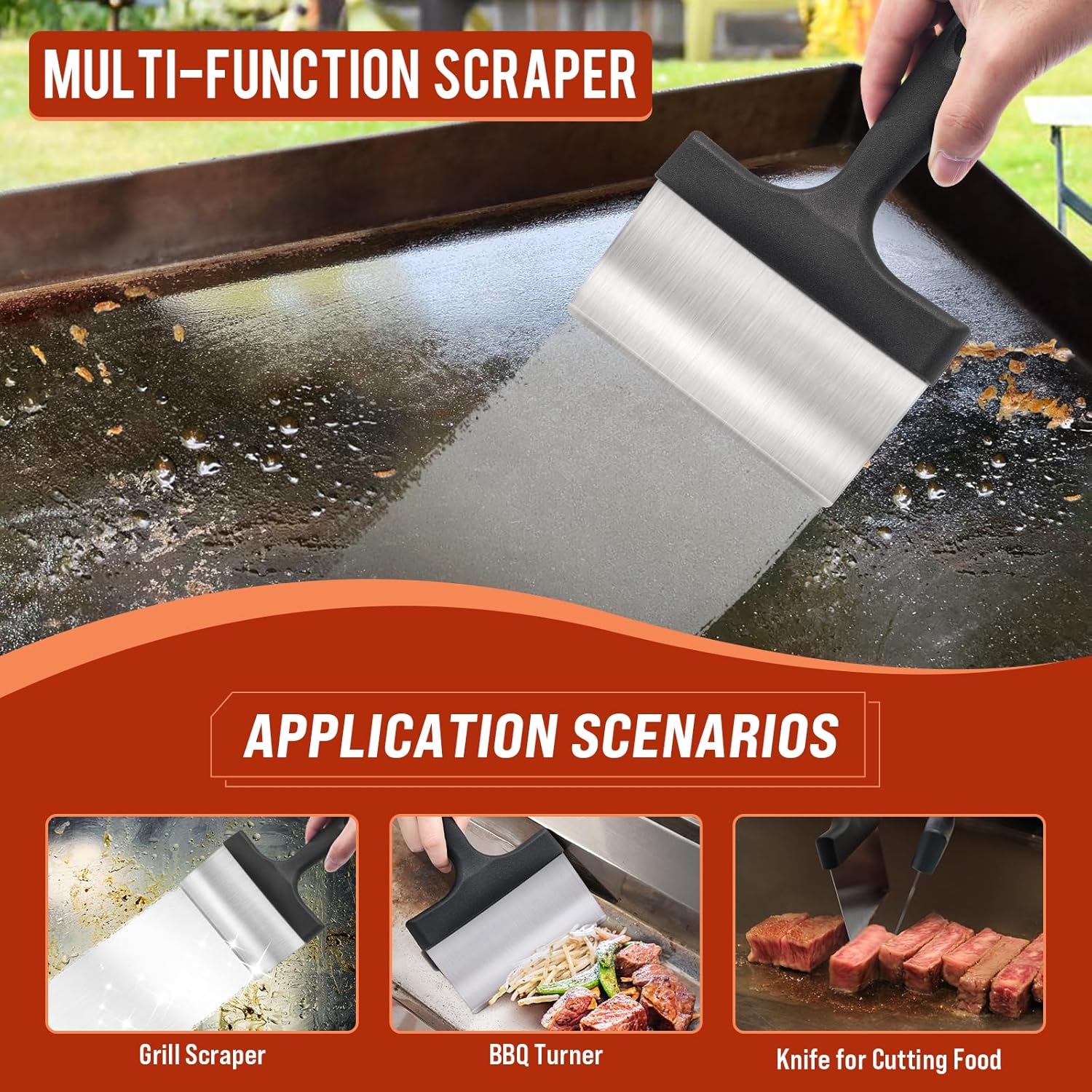 Demonstrates the versatility of the multi-function scraper by showcasing its different use cases for grilling, barbecuing, and food preparation.