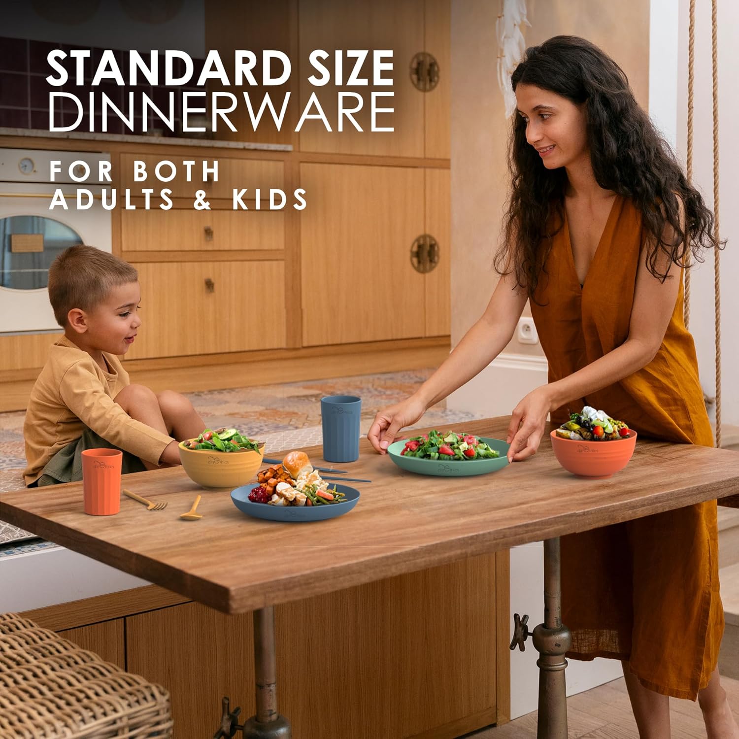 Highlights that the dinnerware set is a standard size suitable for both adults and children.