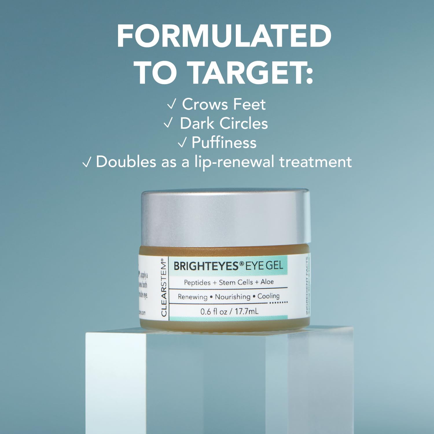 Highlights multiple benefits of the eye gel, including targeting various eye area concerns and doubling as a lip treatment.