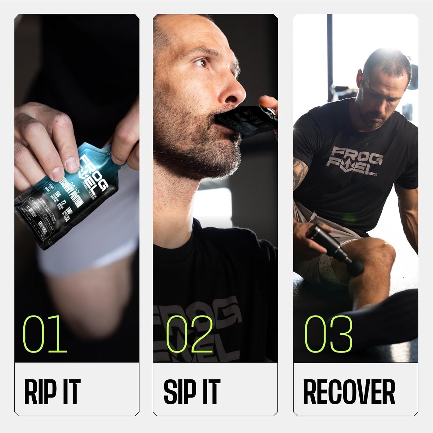 Explains the steps for using a pre-workout supplement product: rip open the packet, consume the drink, and recover after a workout.