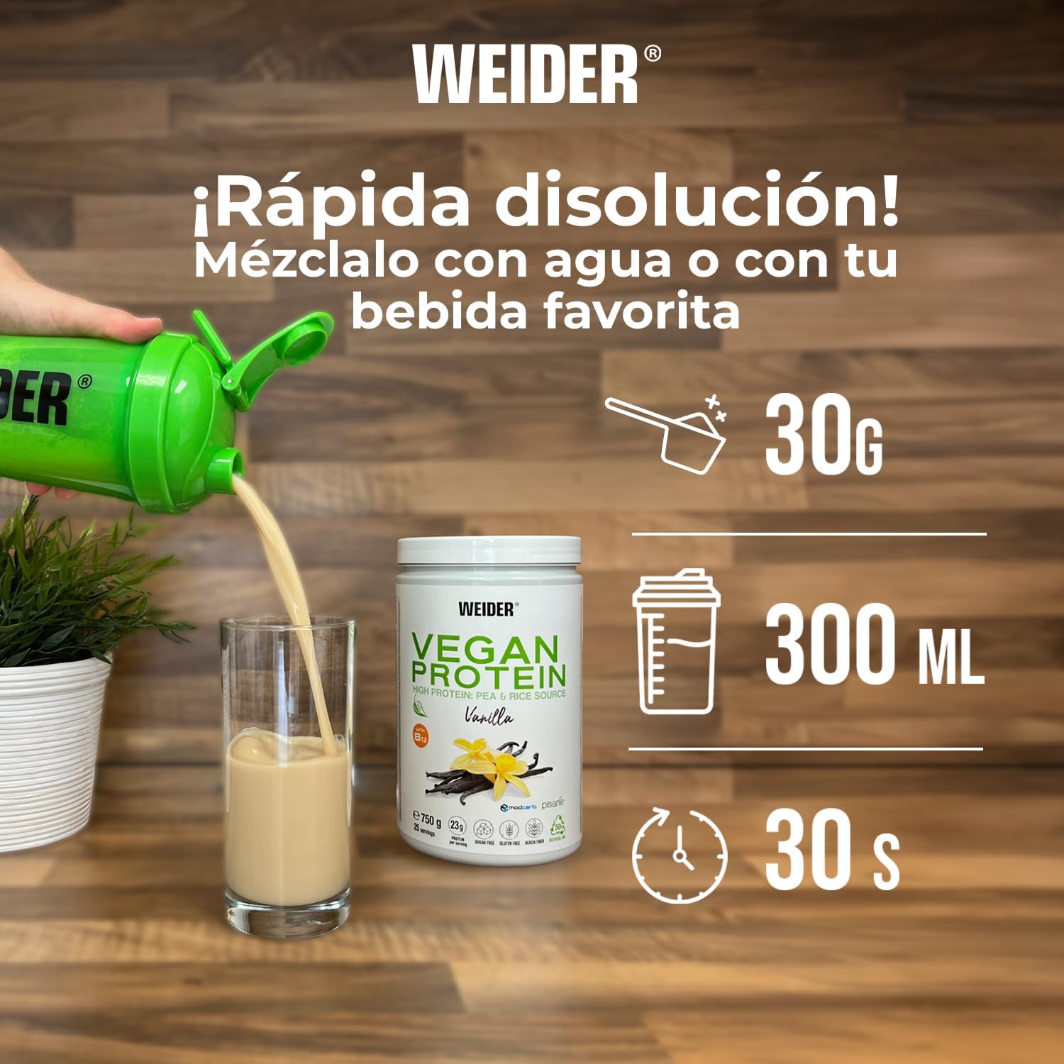 Demonstrates how to easily prepare the vegan protein shake, showing the mixing ratio and quick dissolution time. Provides specific measurements for preparing the shake (30g powder, 300ml liquid) and…
