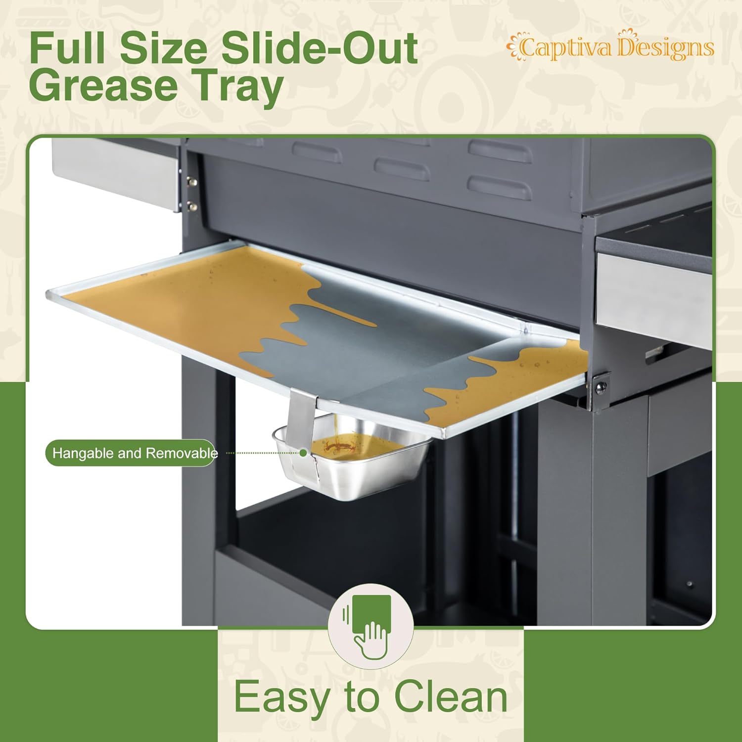 Highlights the grease tray's key features of being full-size, slide-out, hangable, removable, and easy to clean, demonstrating its convenience for collecting and disposing of grease and drippings.
