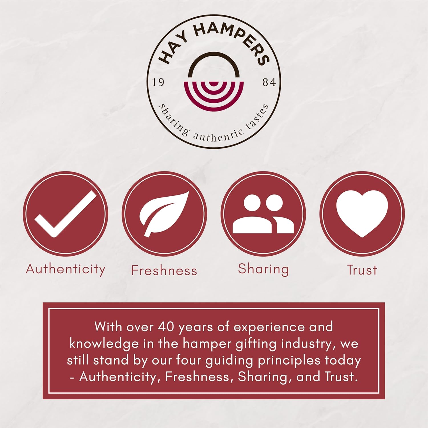 Highlights the brand's core values and principles that have guided their hamper gifting business for over 40 years.