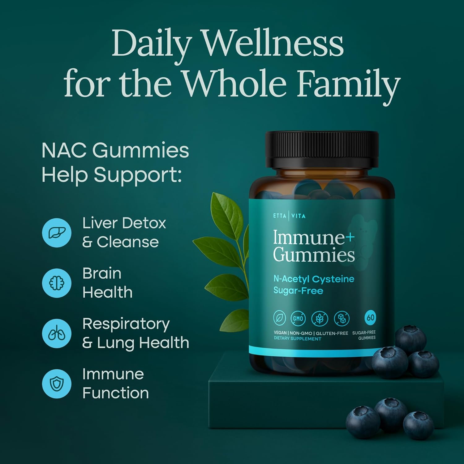 Highlights multiple health benefits of NAC gummies to show the product's versatility in supporting overall wellness for the whole family.
