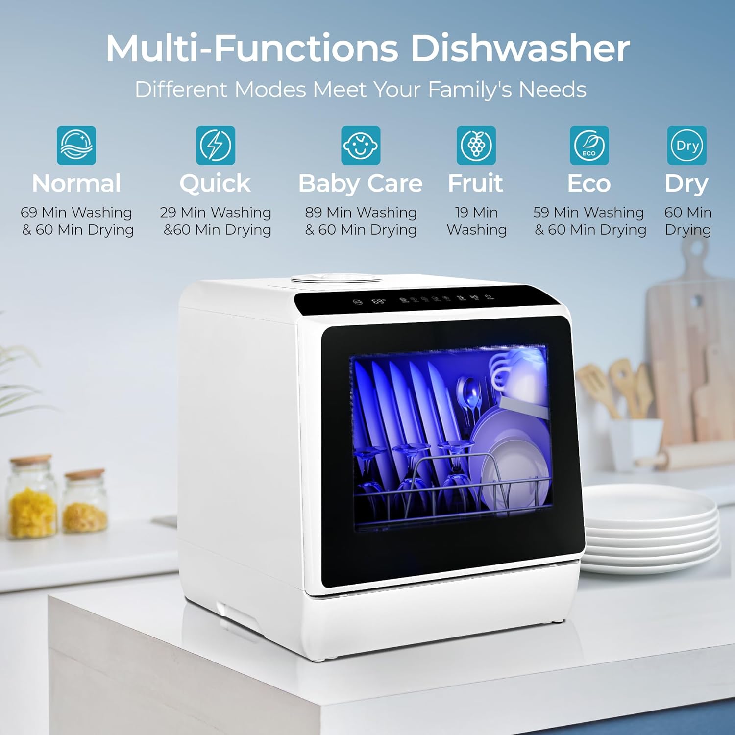 Multi Feature / Benefit Secondary Images for EUHOMY Mini Portable Dishwasher Countertop Compact Dishwashers