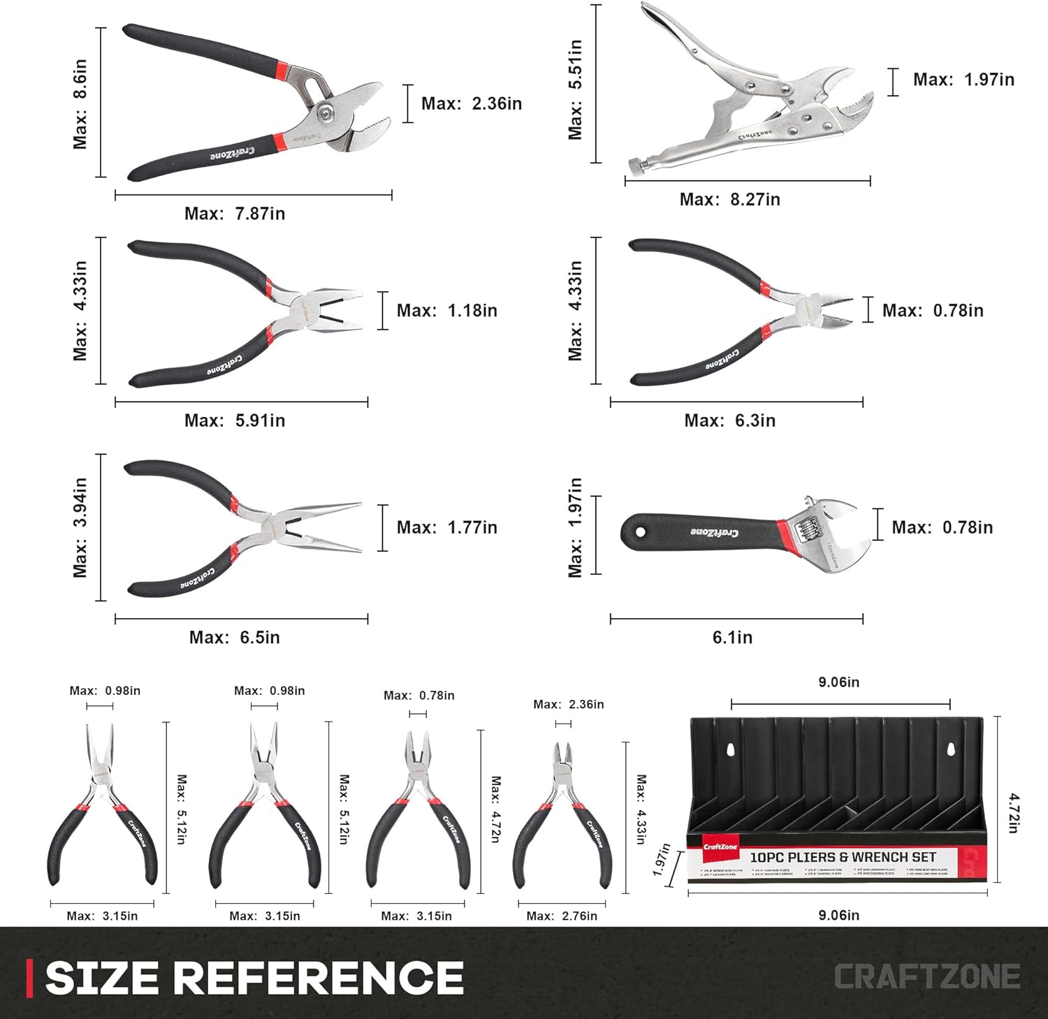 Infographics for 10PC Pliers and Wrench Set with Storage Rack