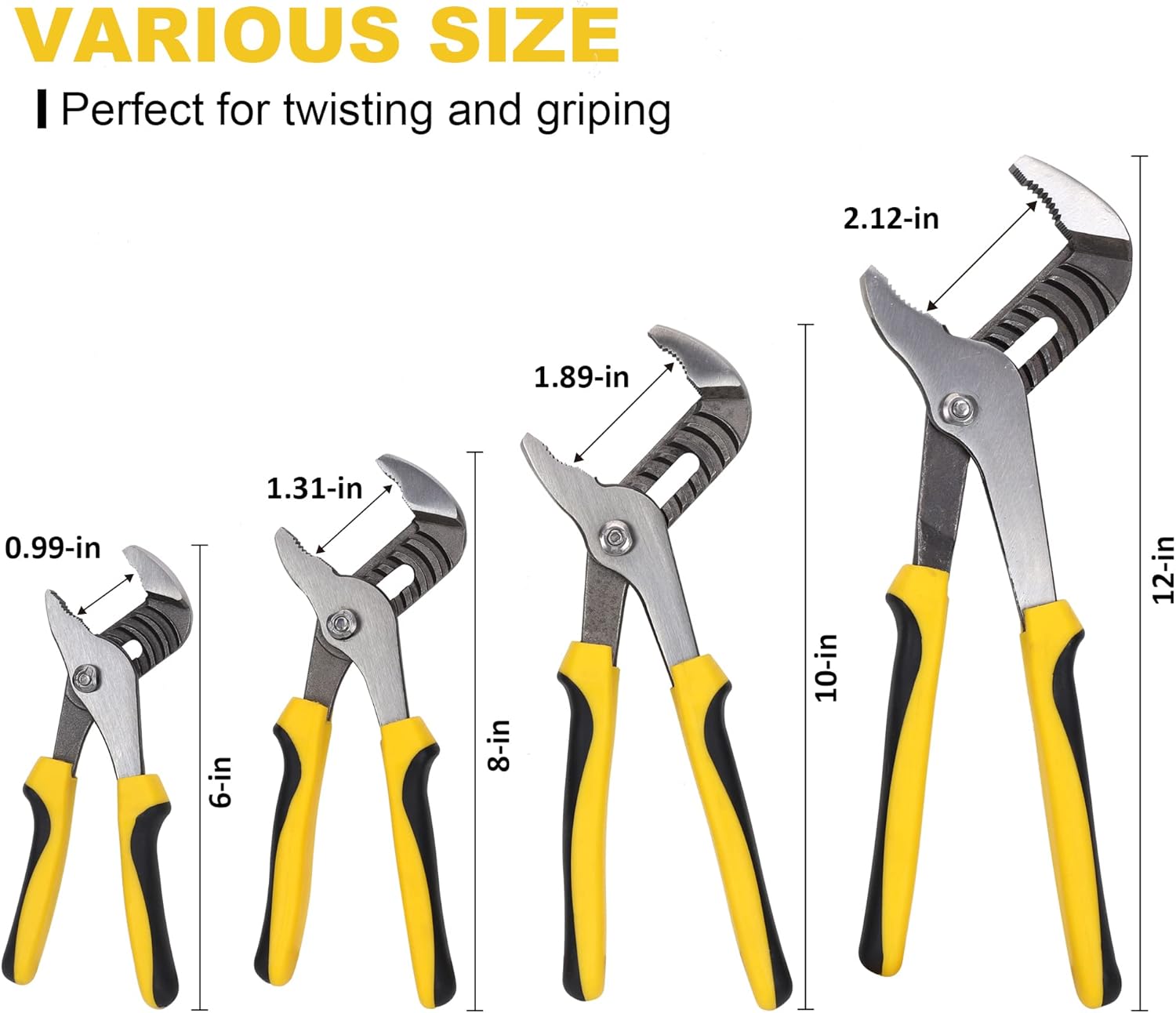 TOPLINE 4-piece Groove Joint Pliers Set with Bi-Material Handles: Sizing Secondary Images