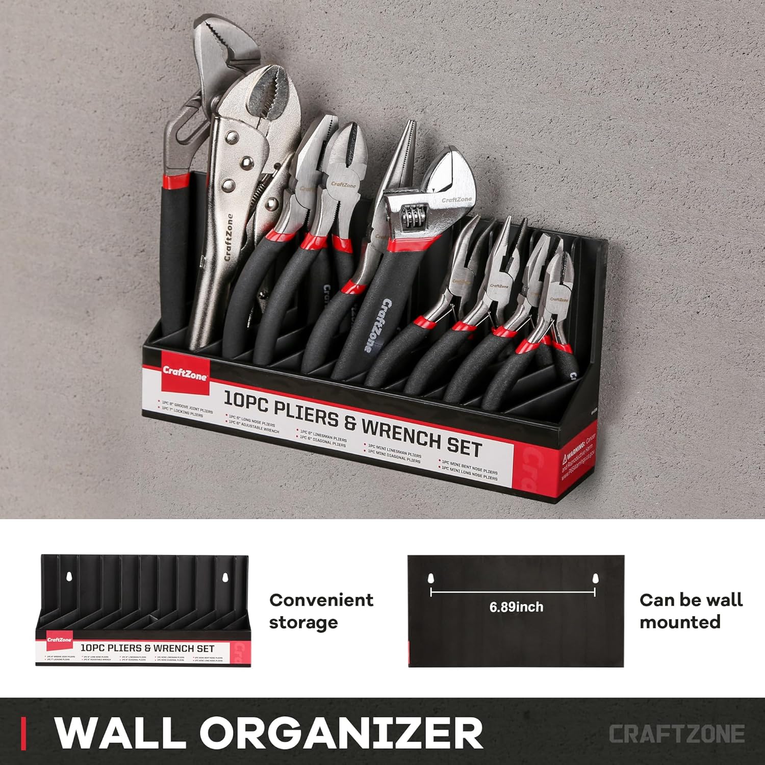 Infographics for 10PC Pliers and Wrench Set with Storage Rack