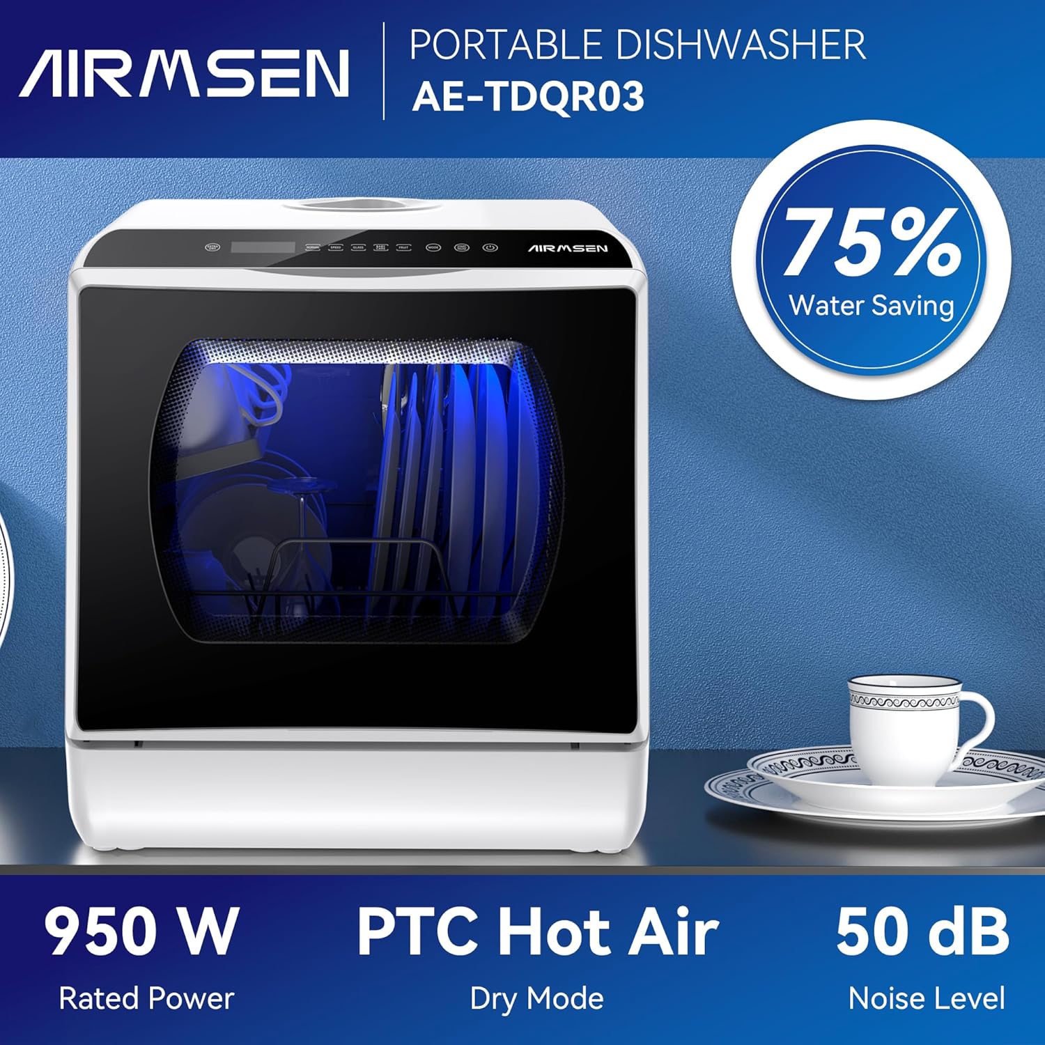 Highlights key quantifiable metrics and specifications of the portable dishwasher, such as its water-saving capability, rated power, and noise level, to help shoppers evaluate its performance.