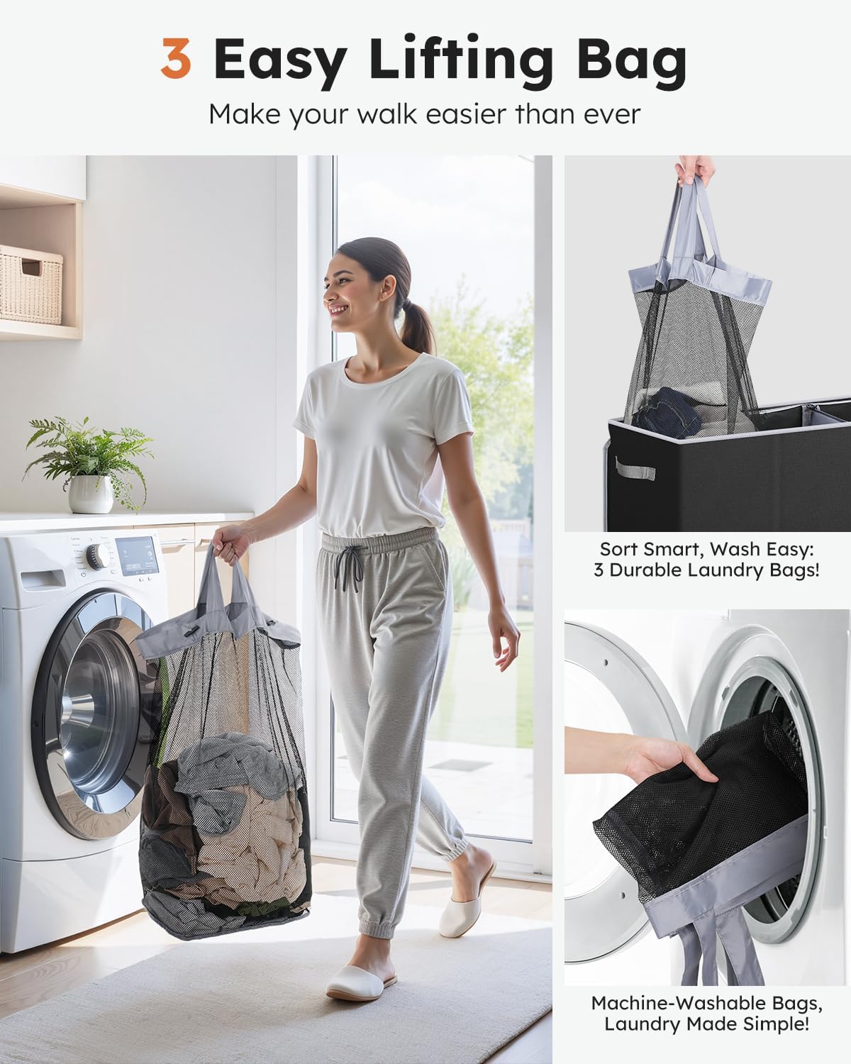 Showcases the key features of the laundry bag product - easy lifting design, durable construction, and machine-washable material - to highlight its convenience and practicality for laundry tasks.