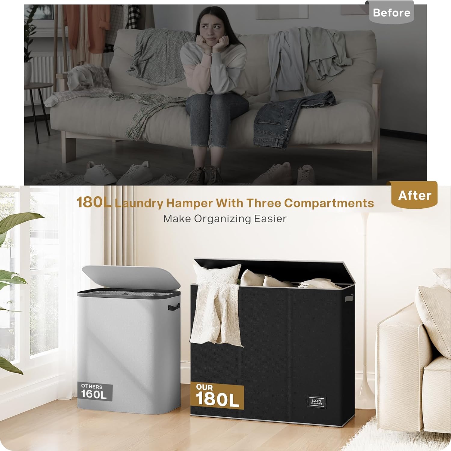 Visually demonstrates how the laundry hamper product helps organize and declutter a living space.