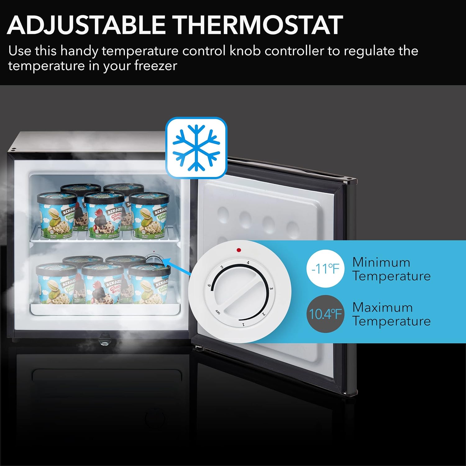 Highlights the freezer's adjustable thermostat feature, allowing customers to regulate the temperature to their desired setting.