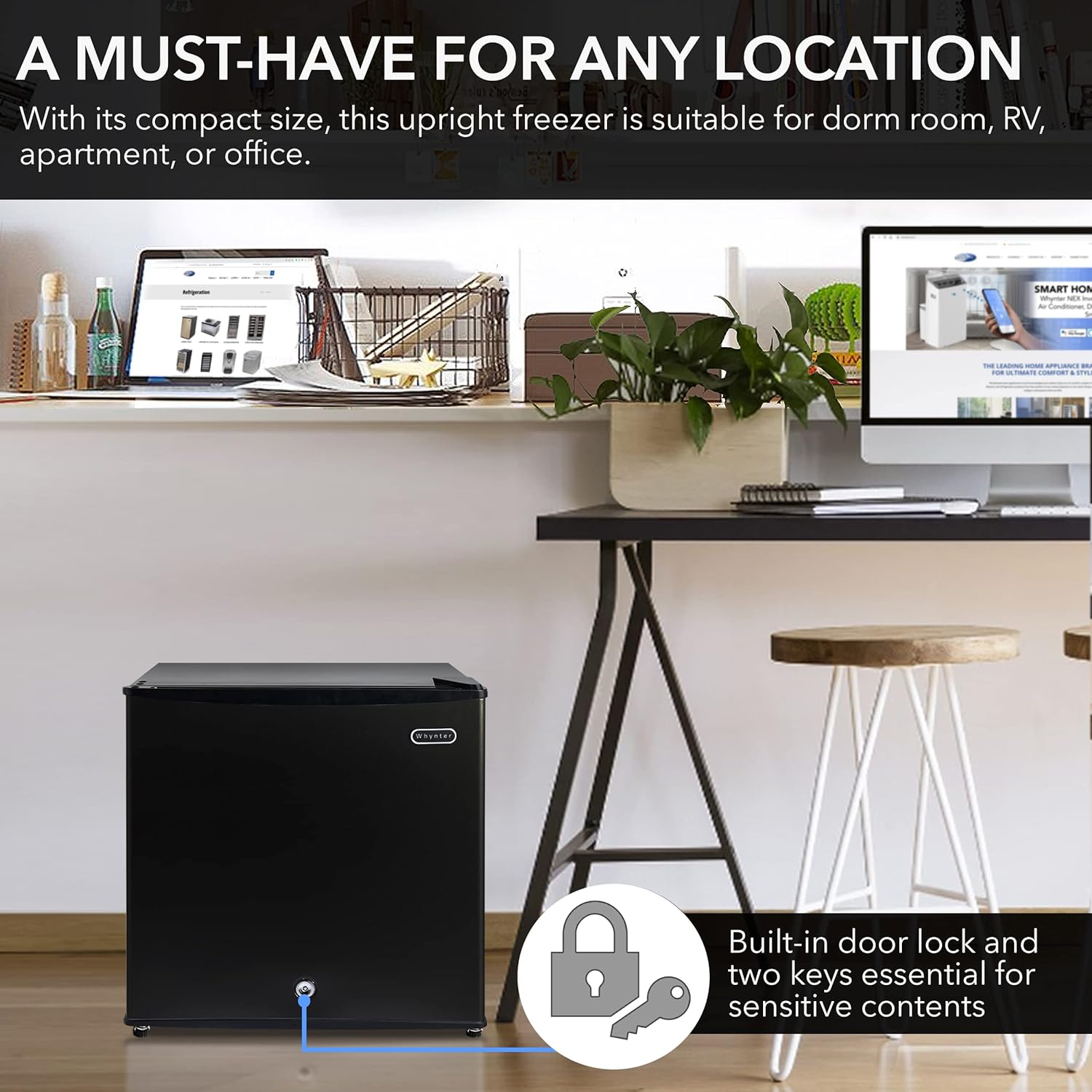 Demonstrates the versatility and portability of the upright freezer by showcasing its compact design suitable for various living spaces like dorms, RVs, apartments, and offices.