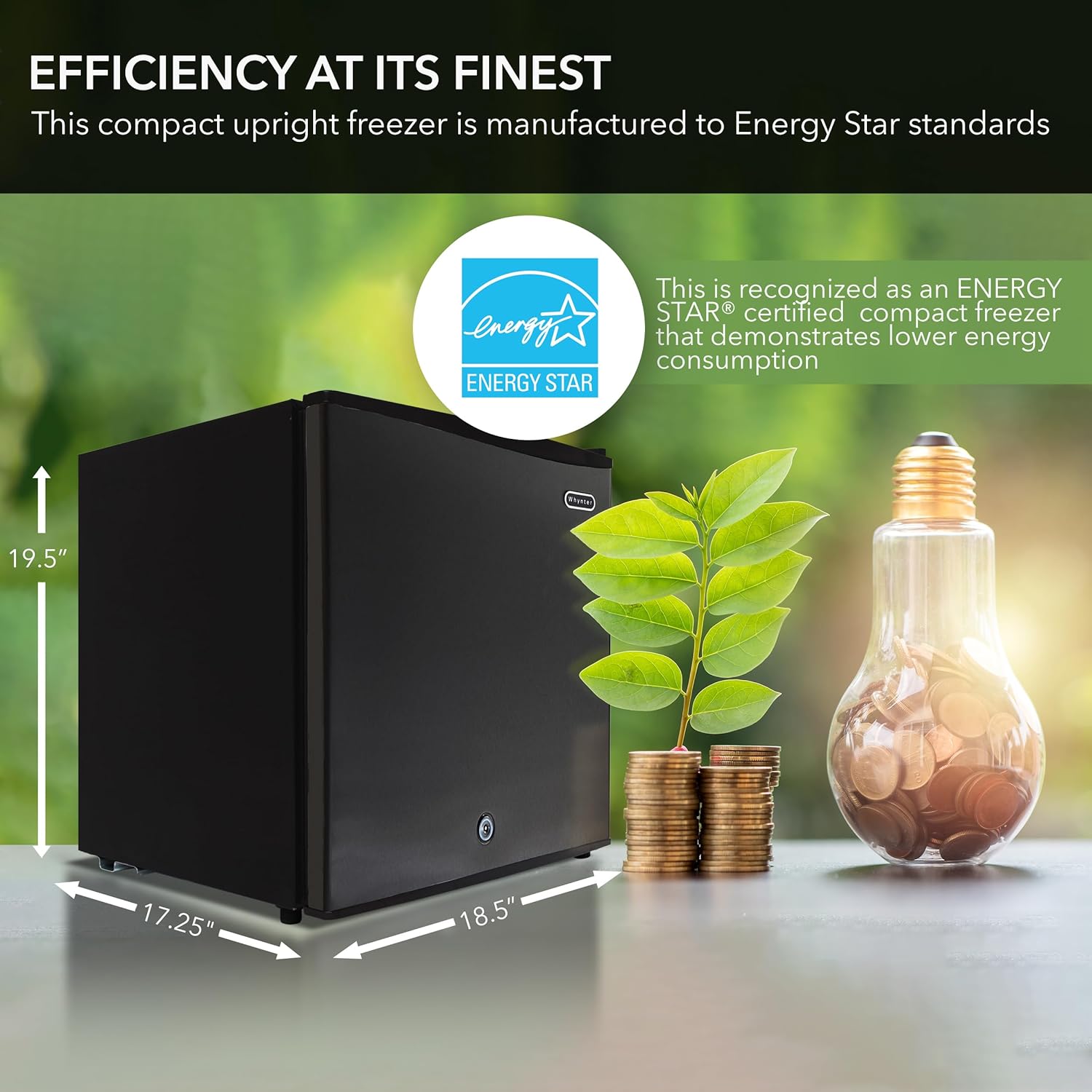 Highlights the freezer's energy efficiency by showcasing its Energy Star certification and lower energy consumption compared to standard models.