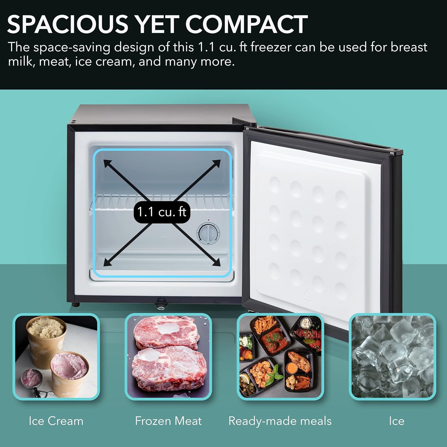 Highlights the freezer's ability to provide ample storage space while maintaining a compact, space-saving design.