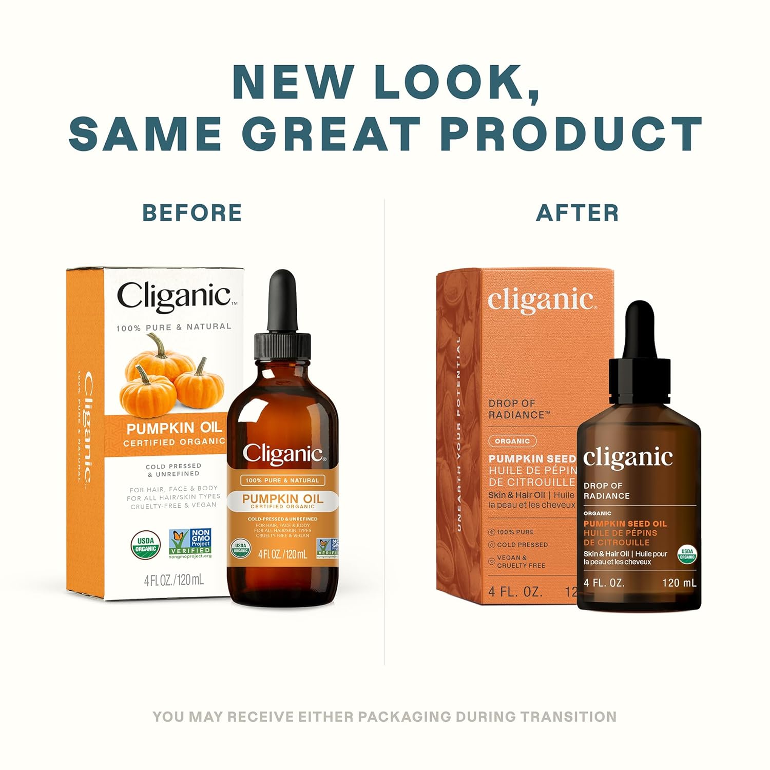 Showcases the new packaging design for the product while reassuring customers that the product itself remains unchanged.