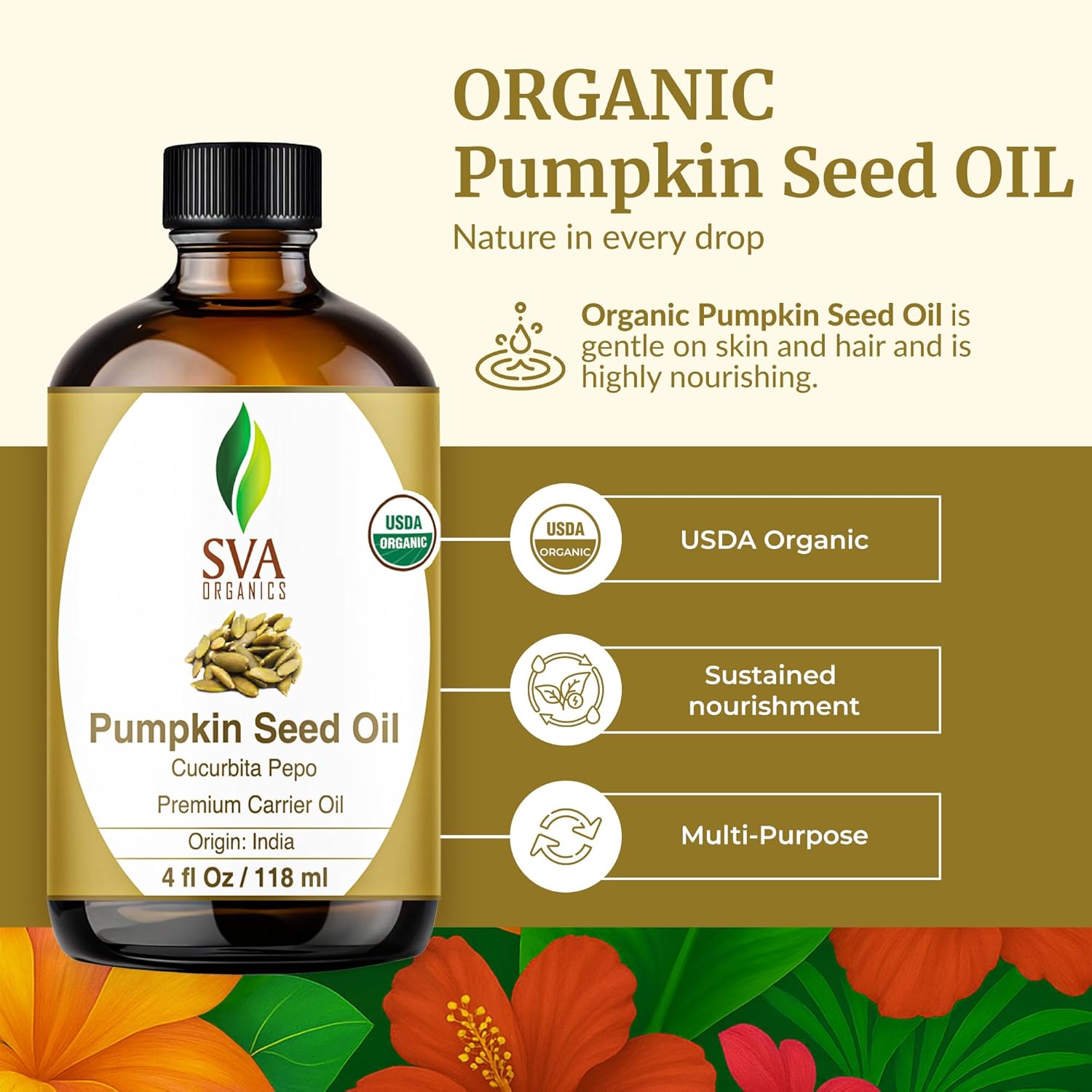 Highlights the key features of the pumpkin seed oil being USDA certified organic, providing nourishment, and being multi-purpose for use.