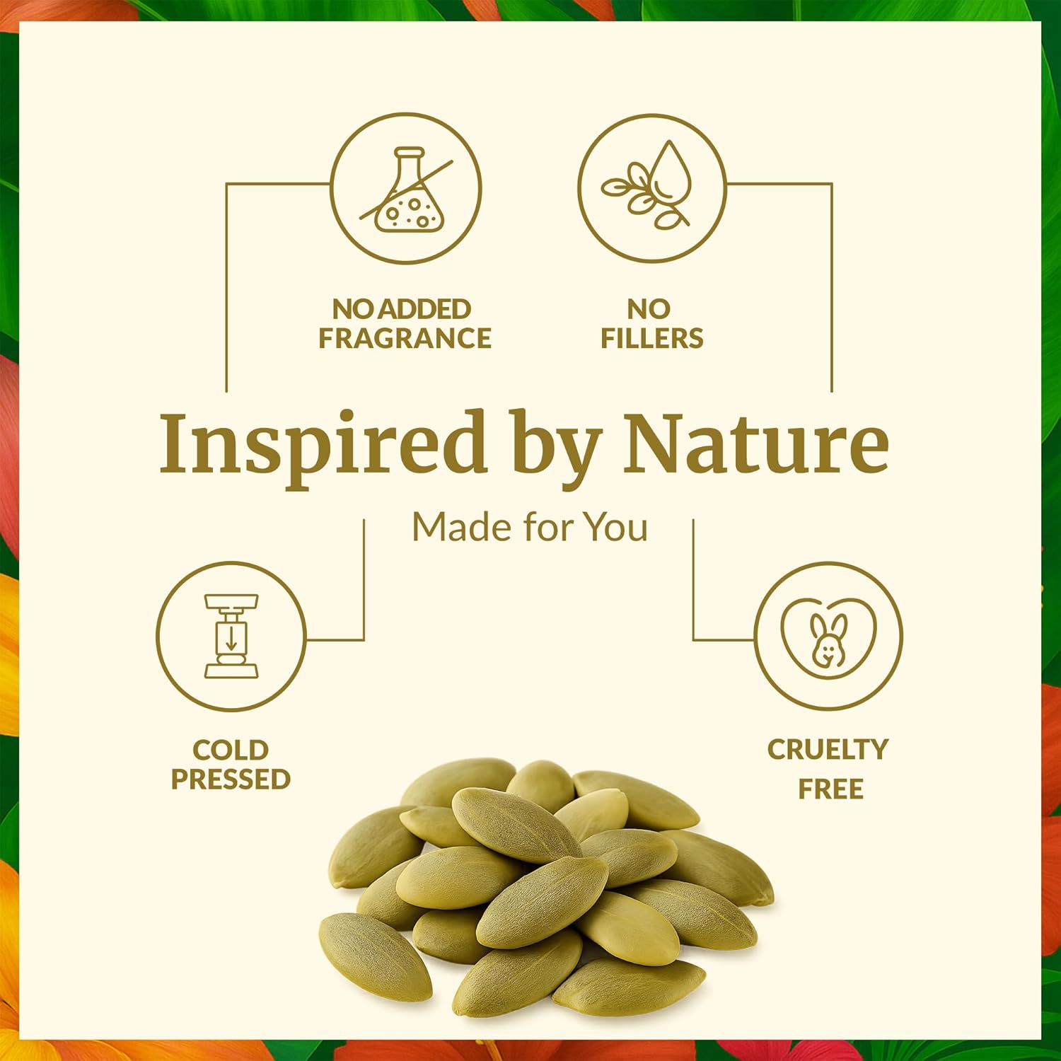 Highlights multiple natural and ethical features of the product to position it as a pure, responsibly-made offering.