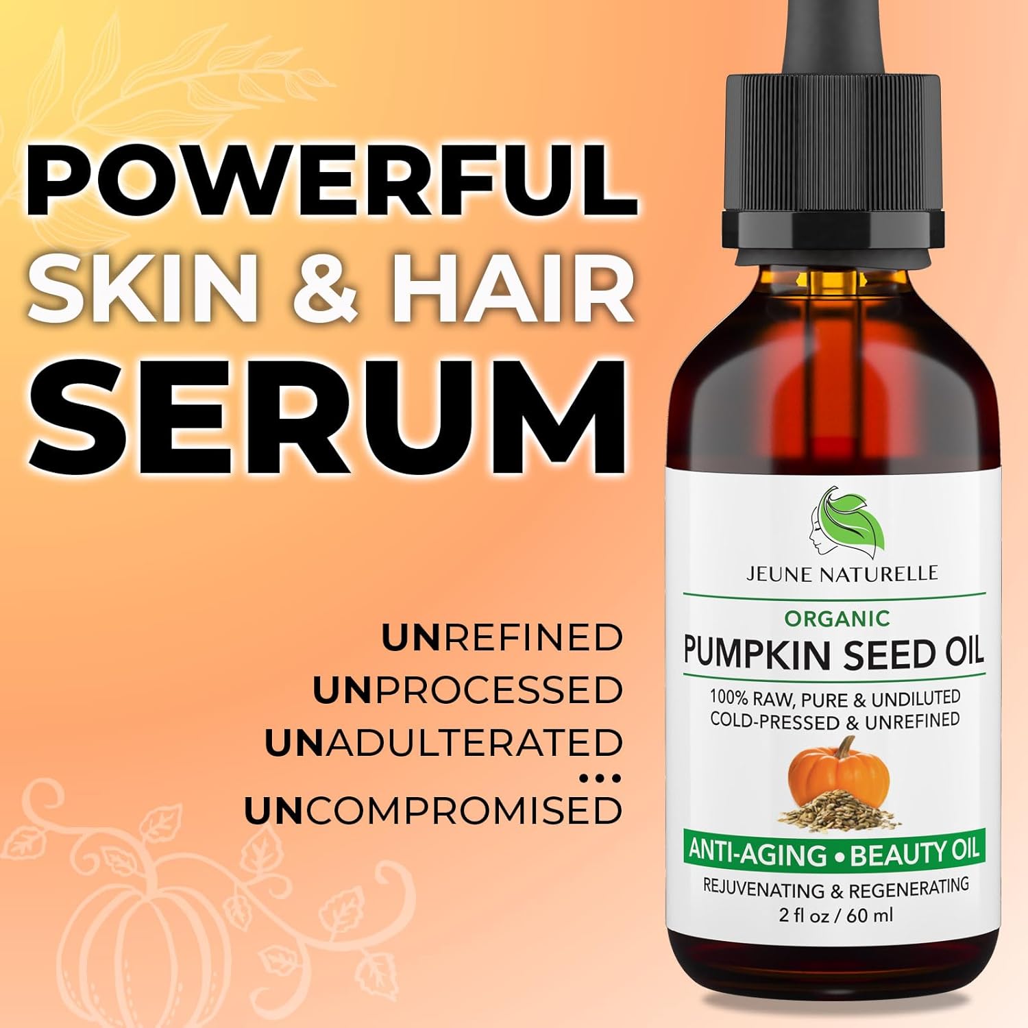 Highlights the powerful anti-aging, rejuvenating, and regenerating benefits of the pumpkin seed oil serum for skin and hair.