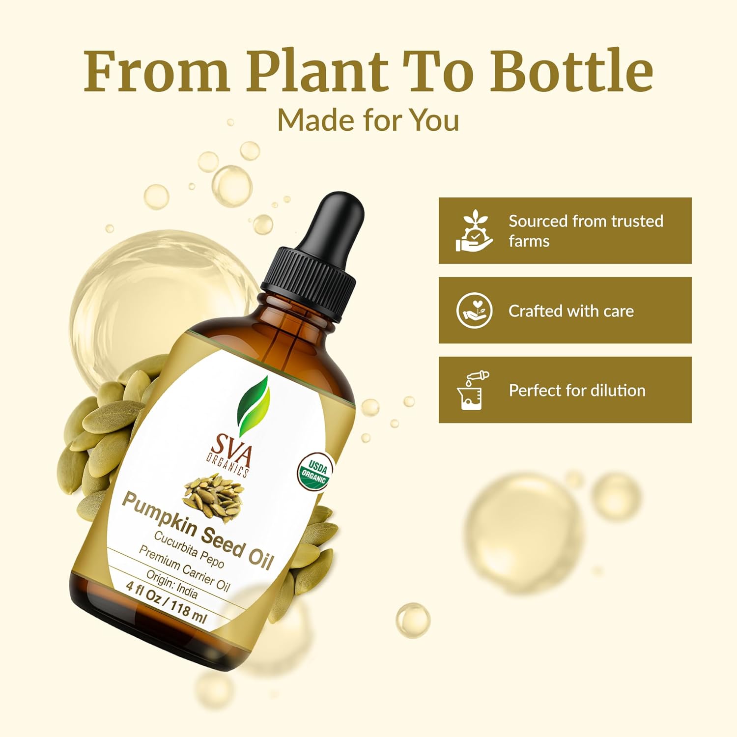 Highlights multiple benefits of the pumpkin seed oil product, including its trusted sourcing, careful crafting process, and suitability for dilution.