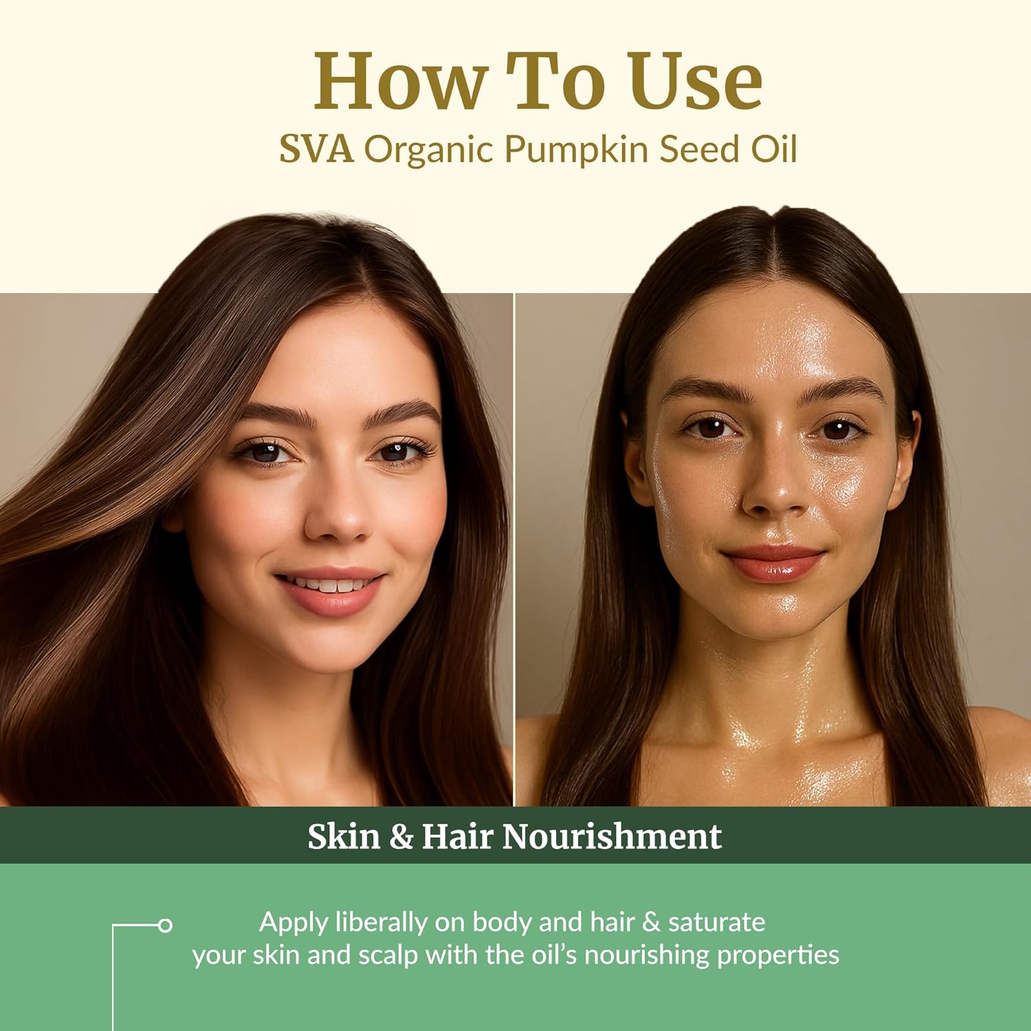 Explains how to use the pumpkin seed oil product by demonstrating the application process for nourishing skin and hair.