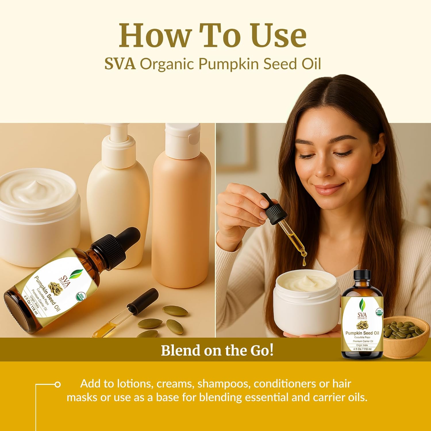 Explains how to use the pumpkin seed oil product by adding it to lotions, creams, shampoos, conditioners, or hair masks, or as a base for blending oils.