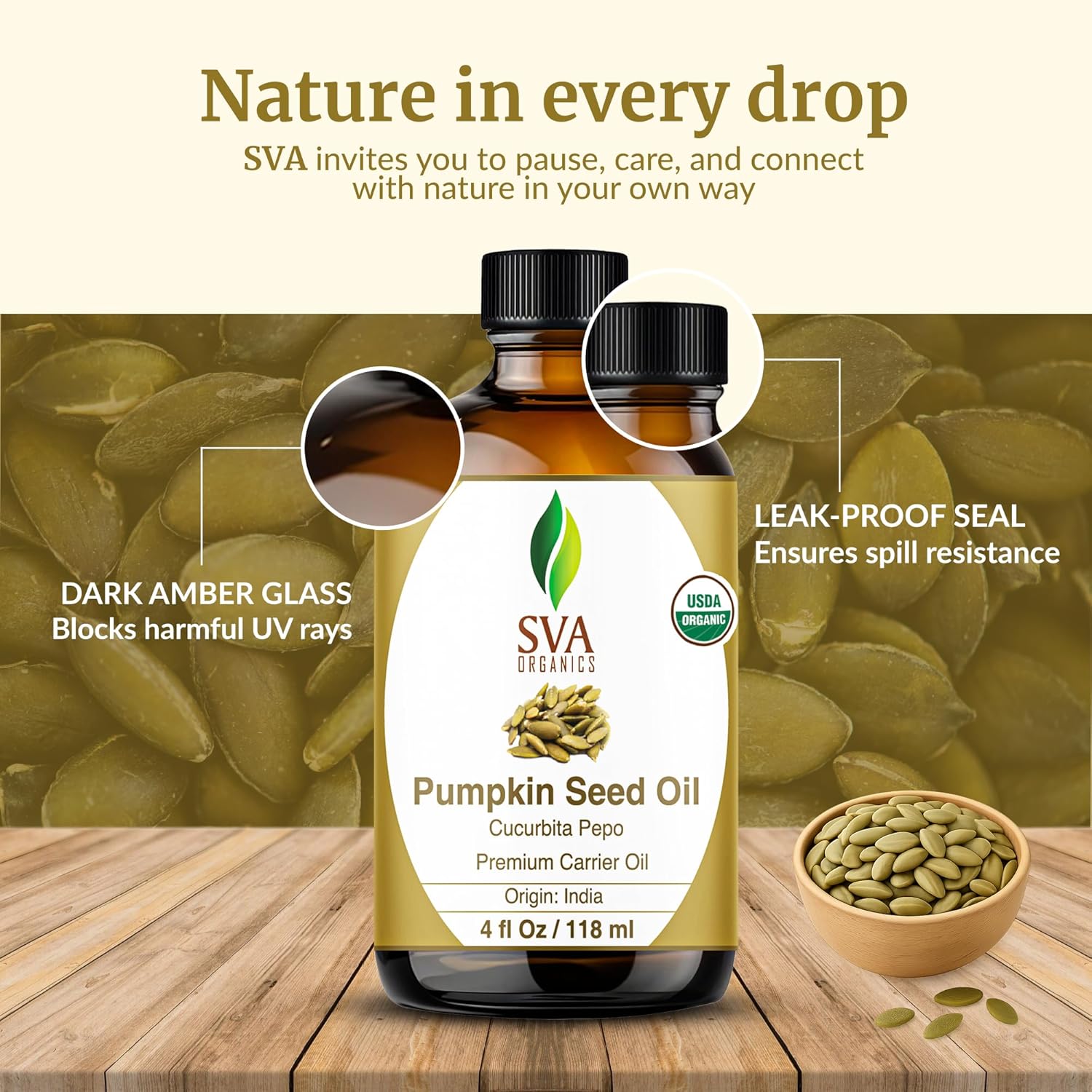 Highlights multiple features of the pumpkin seed oil product, including the UV-blocking amber glass bottle, leak-proof seal, and USDA Organic certification to showcase its quality and benefits.