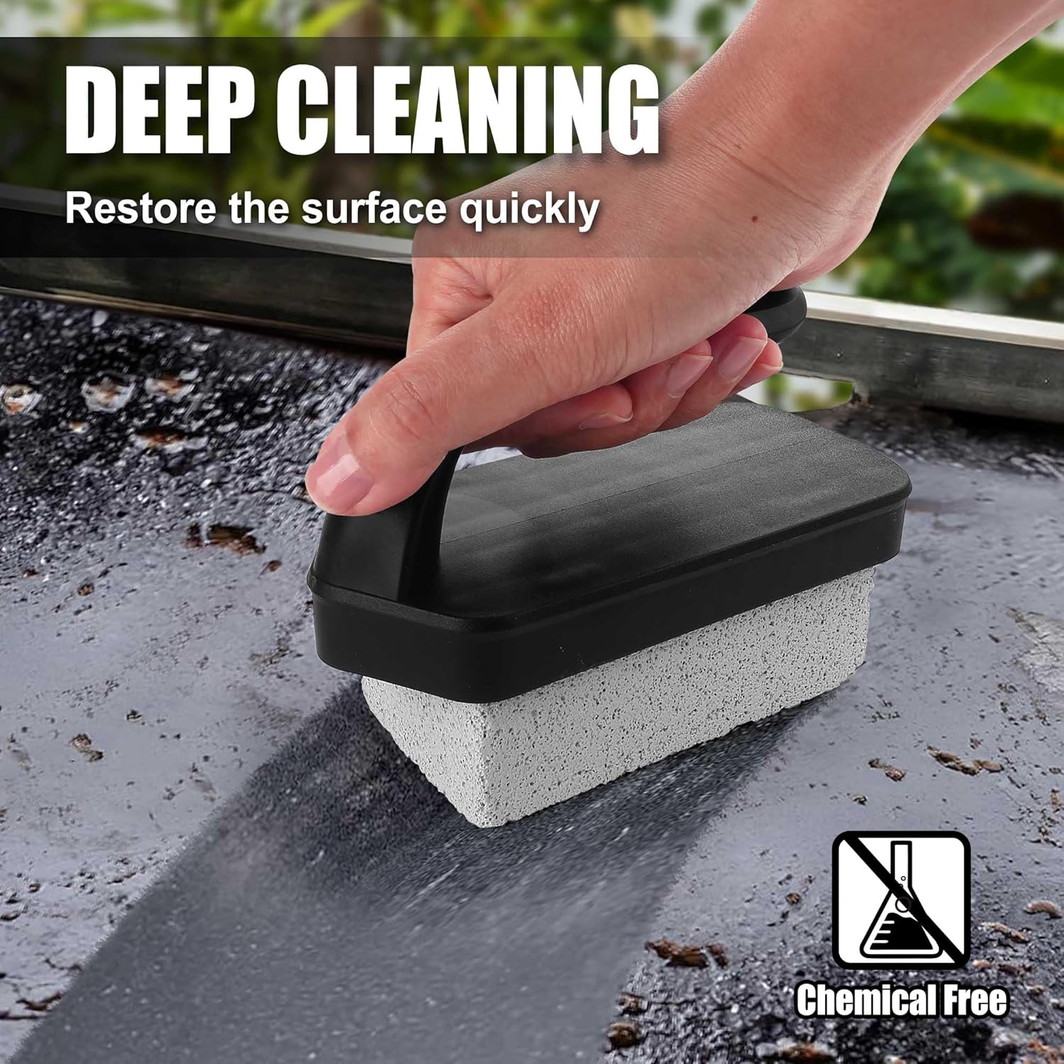 Highlights the product's ability to deeply clean surfaces quickly while being chemical-free.