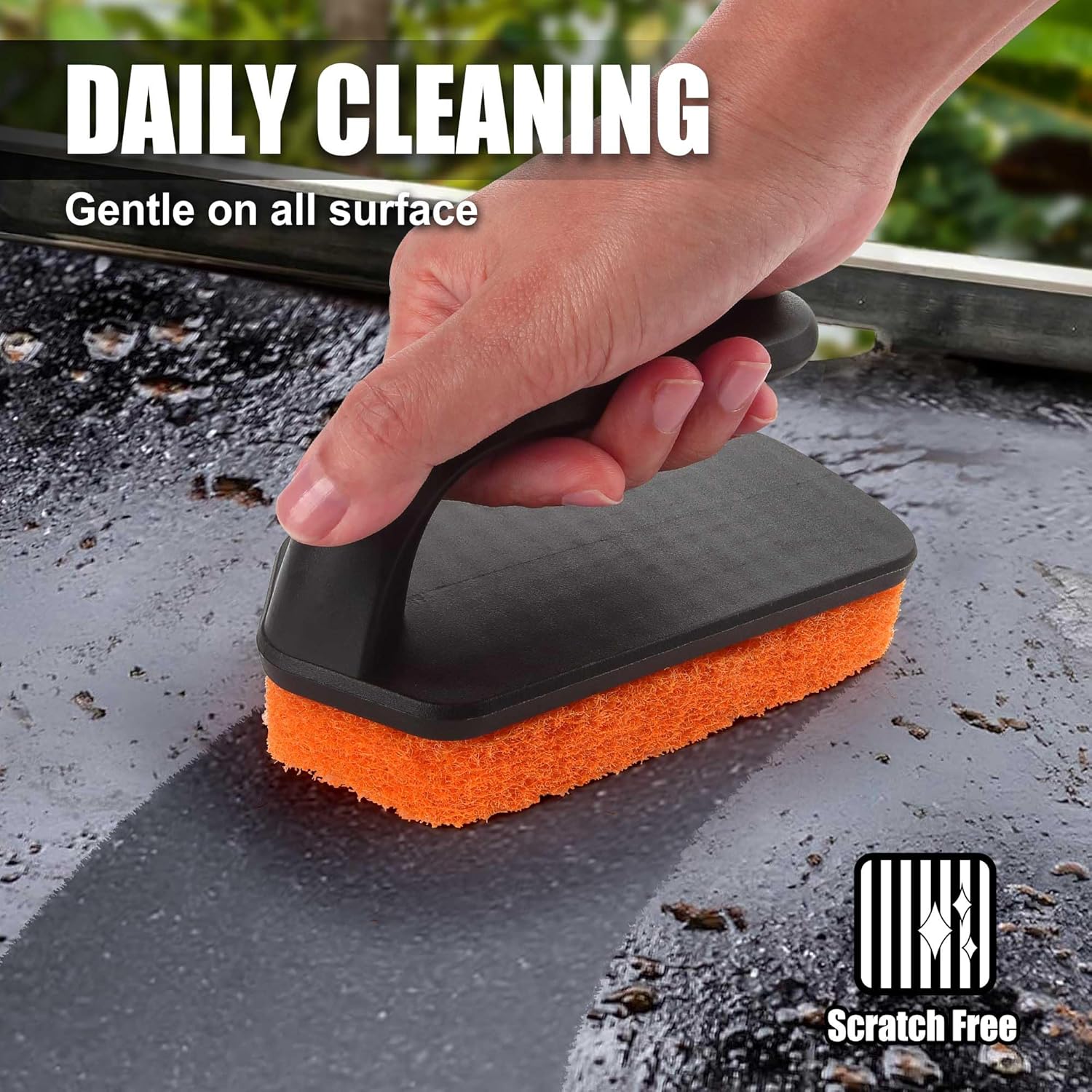 Highlights that the cleaning product is gentle and safe to use on all surfaces without causing scratches.