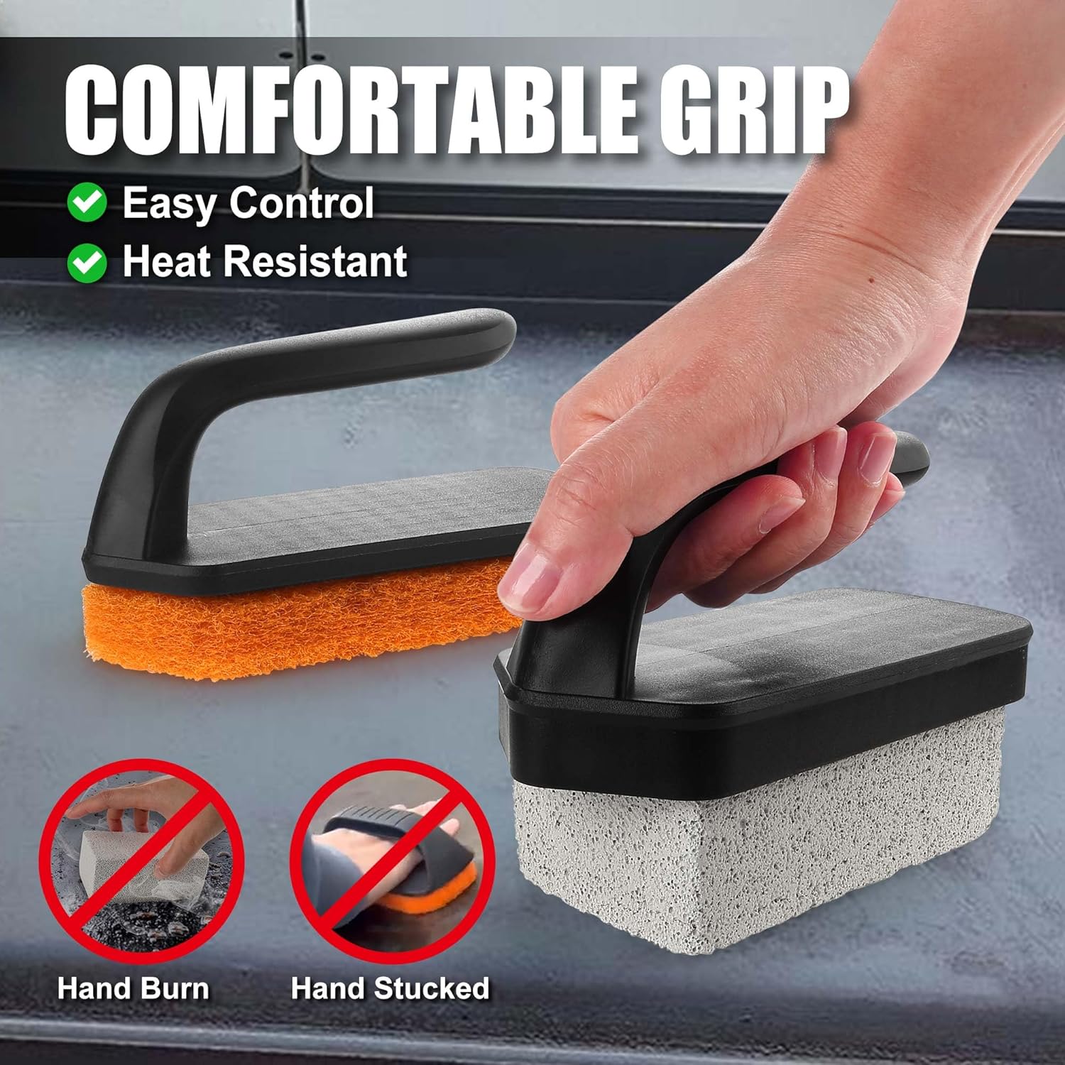 Highlights the comfortable and heat-resistant grip design, allowing for easy control while using the product.