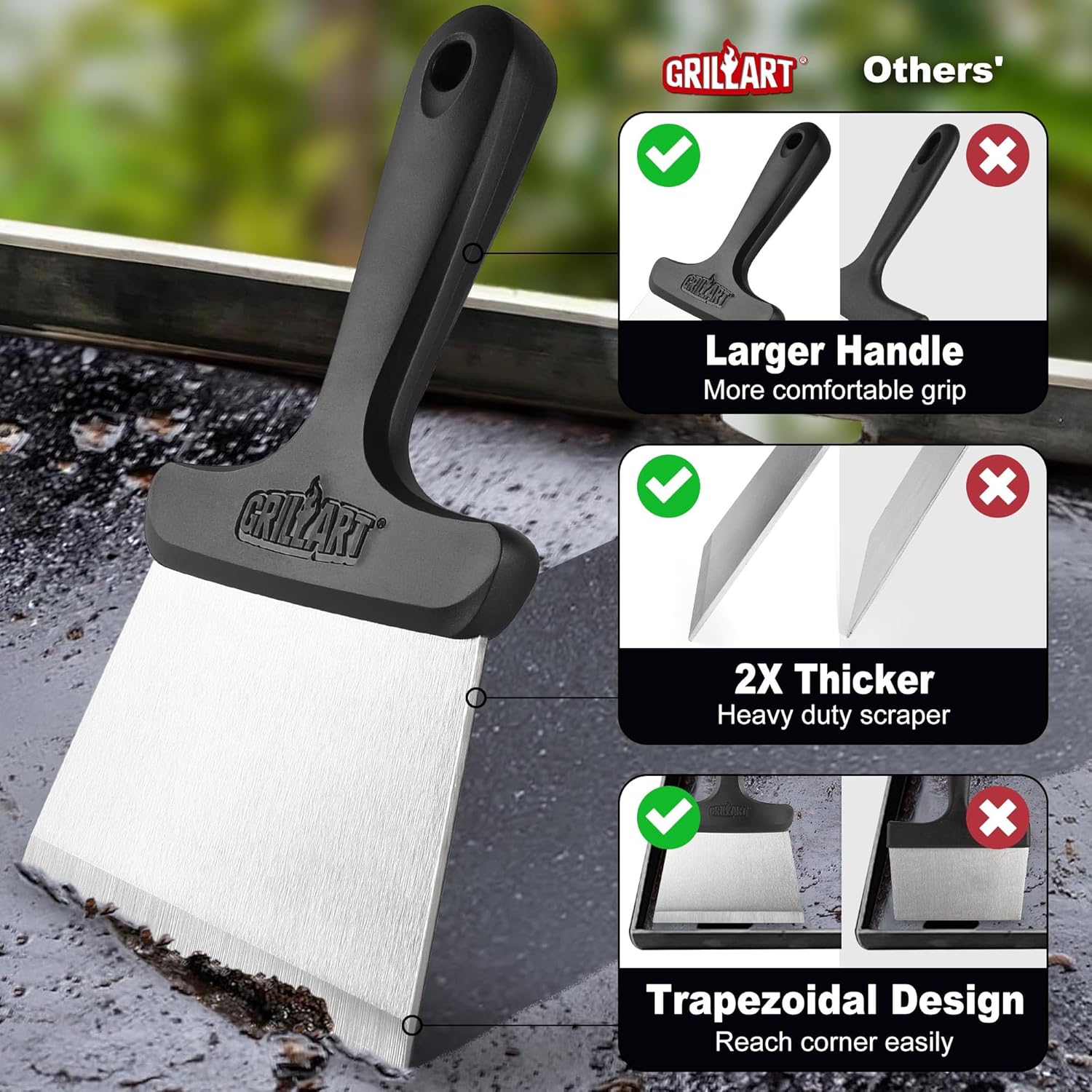 Compares the product's features like larger handle, thicker scraper, and trapezoidal design to competitors' products to highlight its superiority.