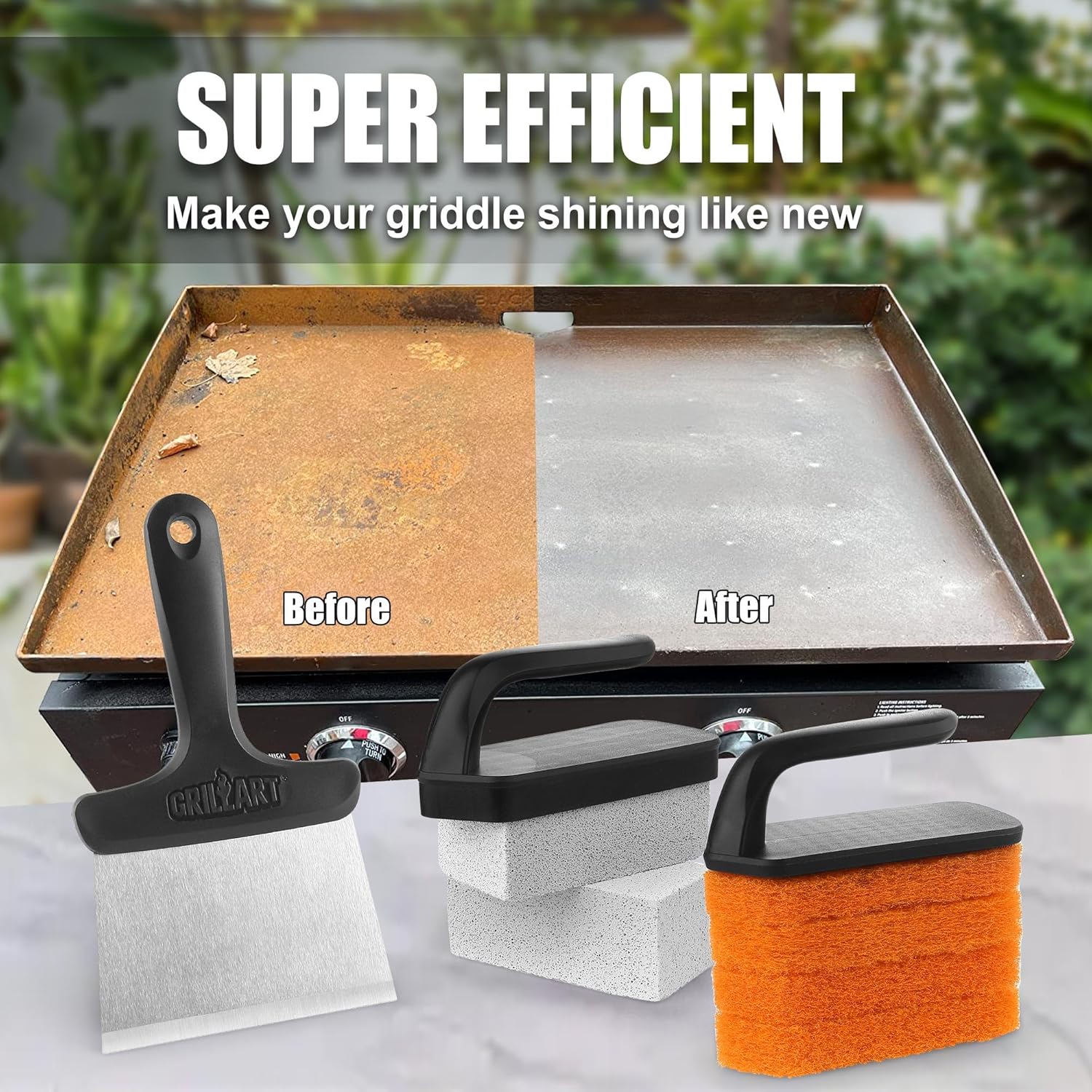 Visually demonstrates the product's cleaning power by showing a dirty griddle before and a shiny clean griddle after using the product.