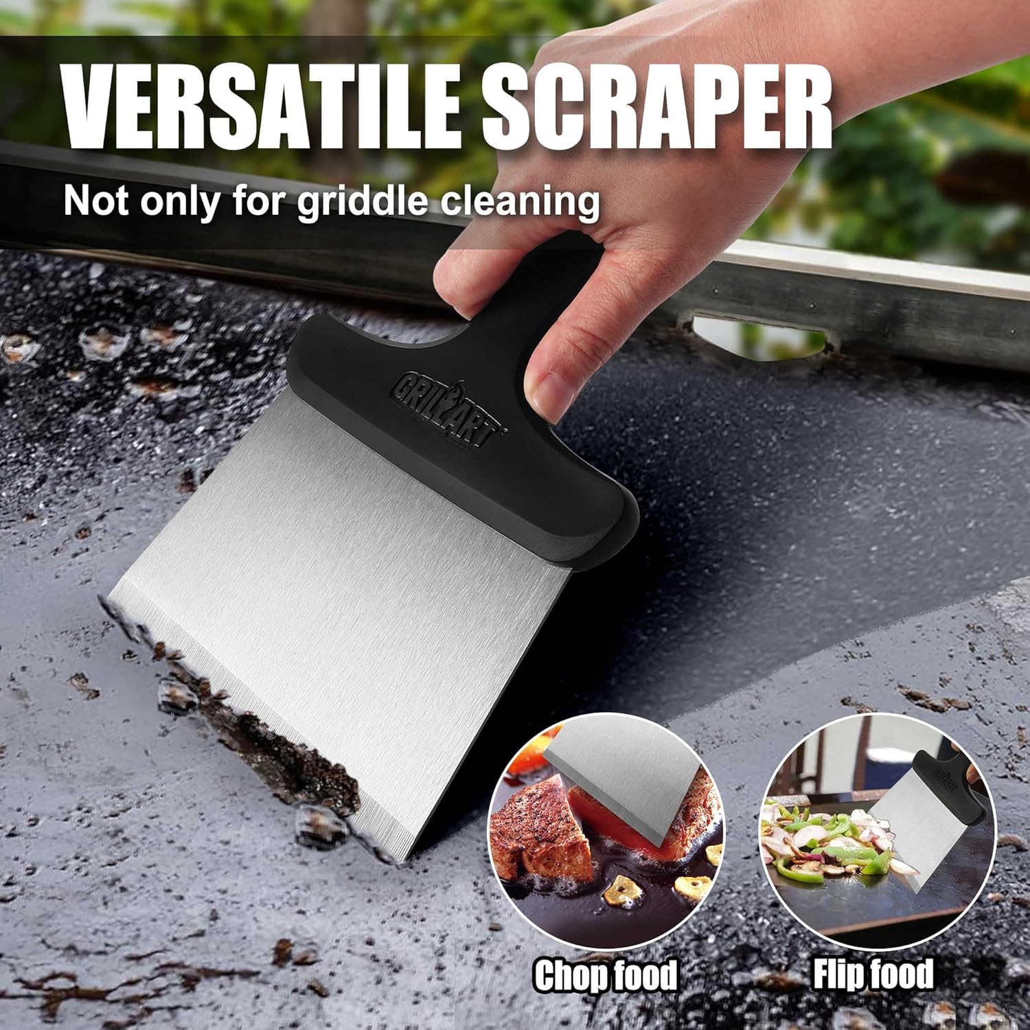 Demonstrates the versatility of the scraper tool by showcasing its multiple use cases beyond just griddle cleaning, including chopping and flipping food.
