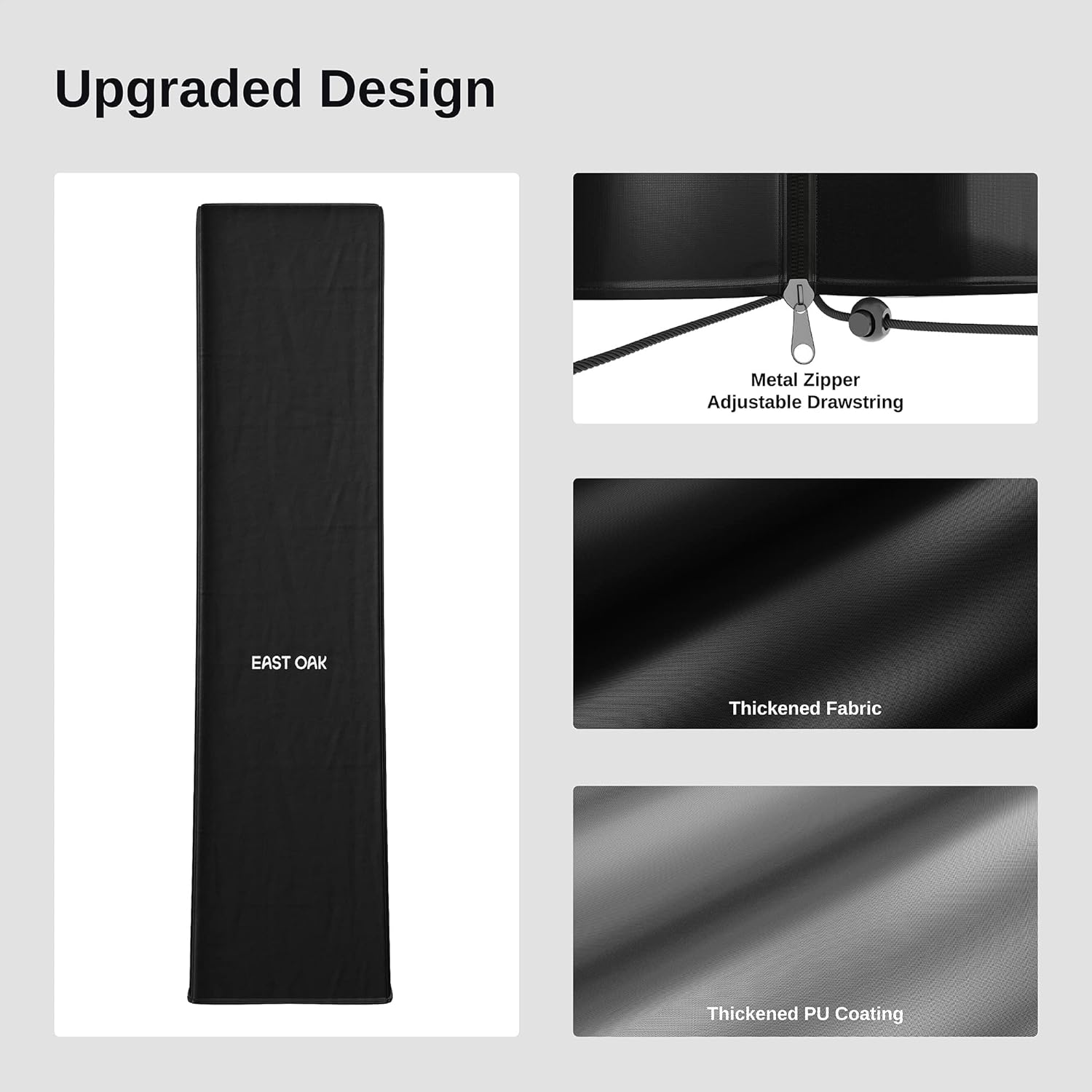 Highlights multiple upgraded design features of the product, including a metal zipper, adjustable drawstring, thickened fabric, and thickened PU coating.