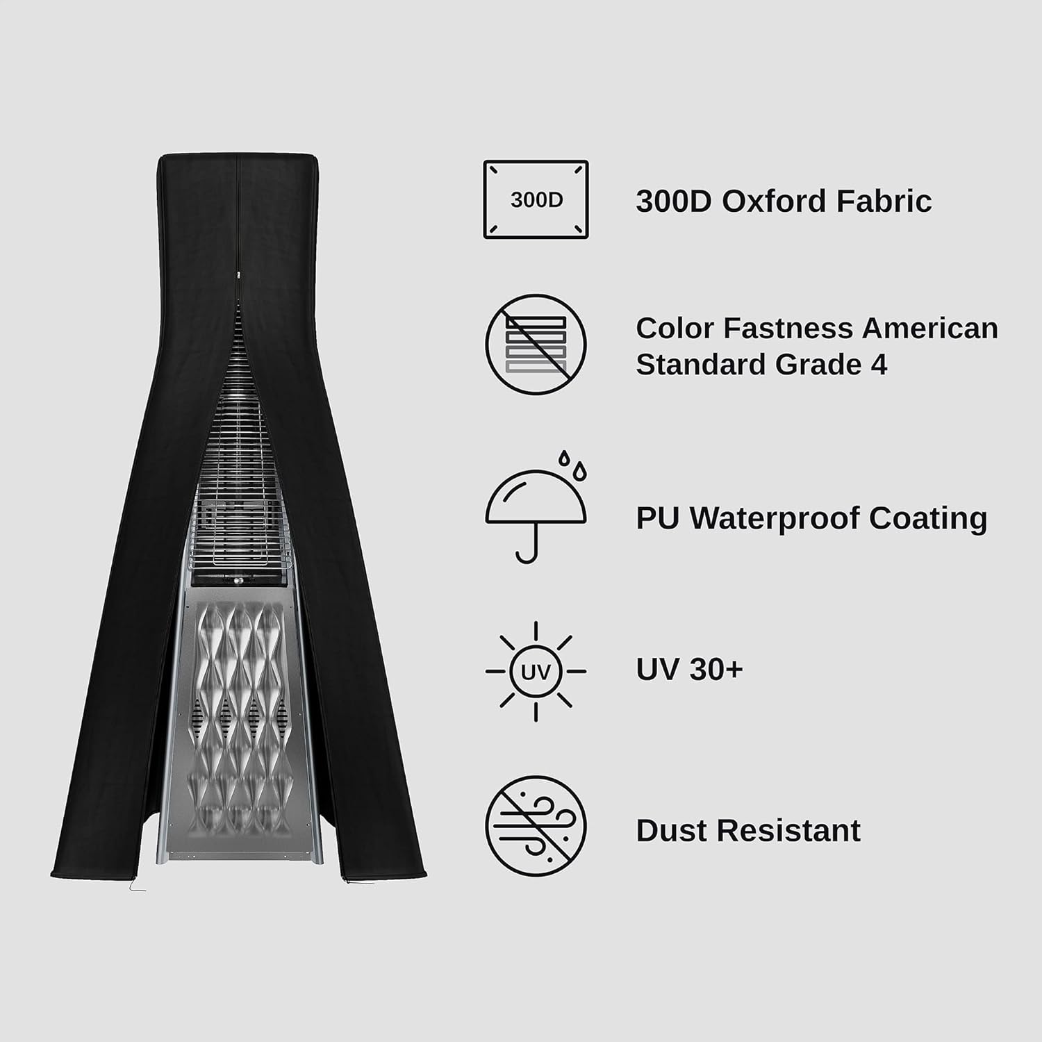 Highlights multiple features and benefits of the product material, including durability, color retention, waterproofing, UV protection, and dust resistance to demonstrate its high quality and…