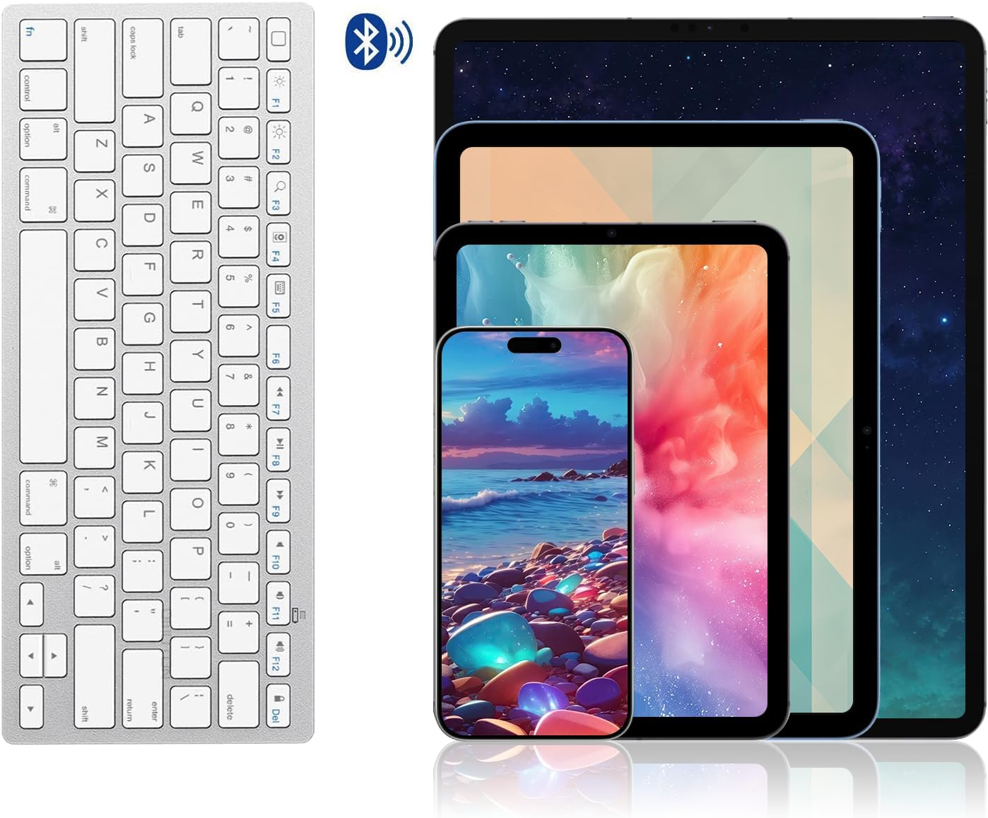 Shows the various devices included with the product, likely a Bluetooth keyboard compatible with phones and tablets.
