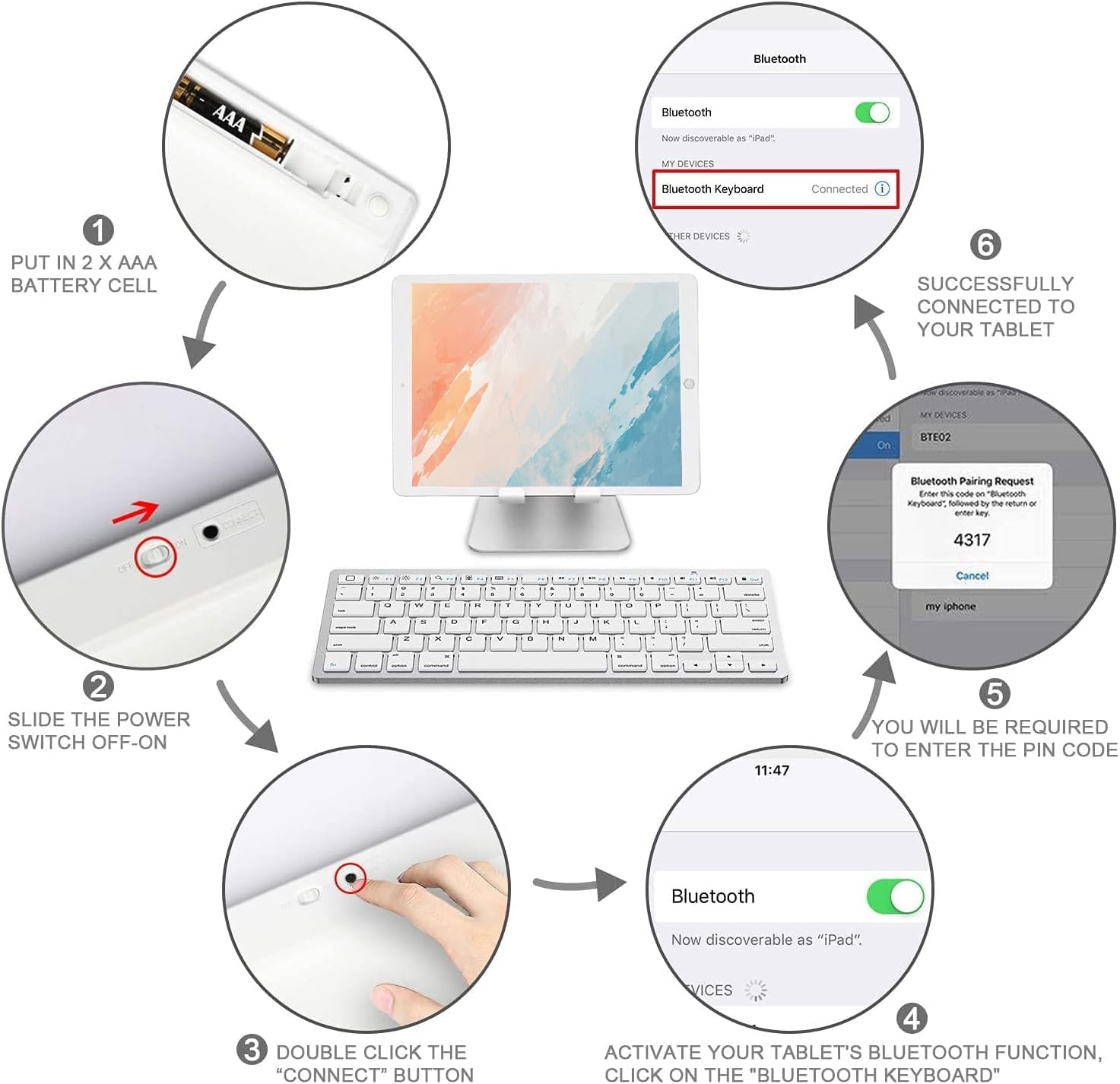 Provides step-by-step instructions on how to set up and connect the Bluetooth keyboard to a tablet or other device.