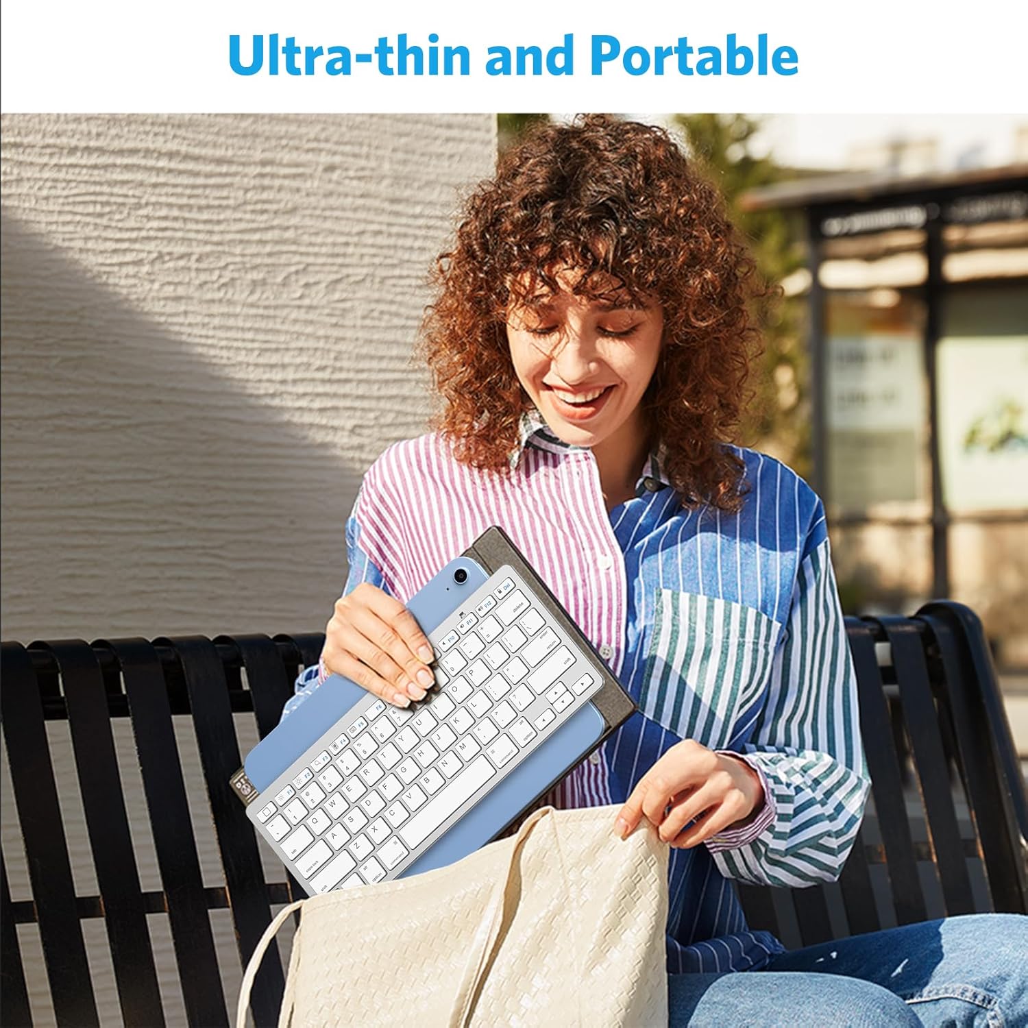 Highlights the product's ultra-thin and portable design, allowing the user to easily carry it around.