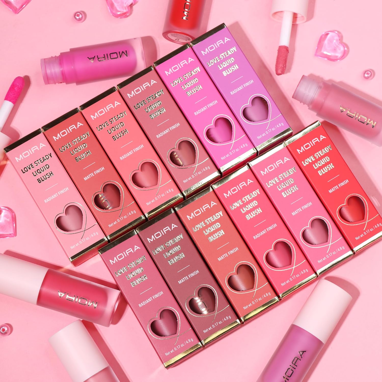 Shows the full range of liquid blush shades and finishes included in the product line.
