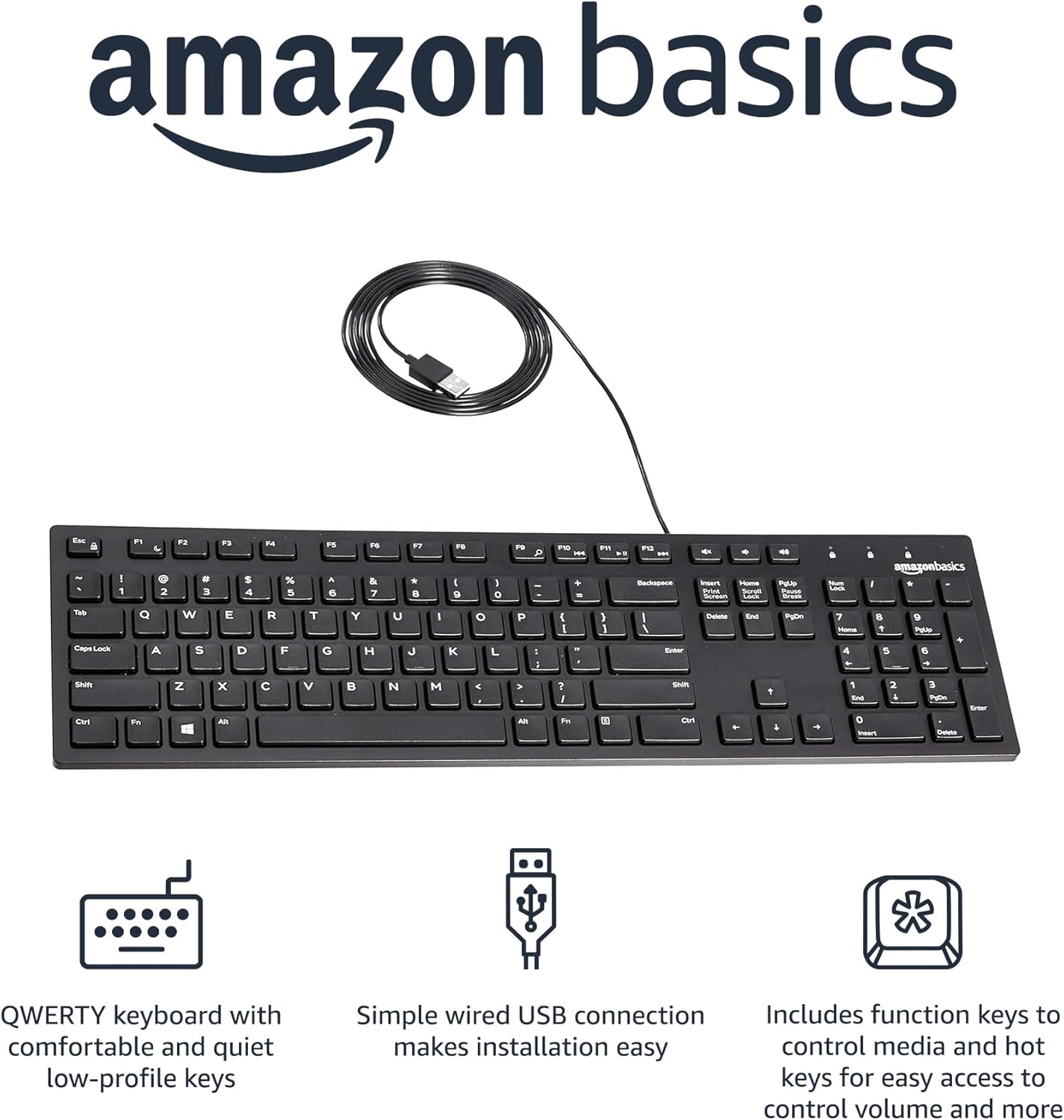 Highlights multiple key features and benefits of the keyboard, including comfortable quiet keys, easy USB setup, and convenient function keys.