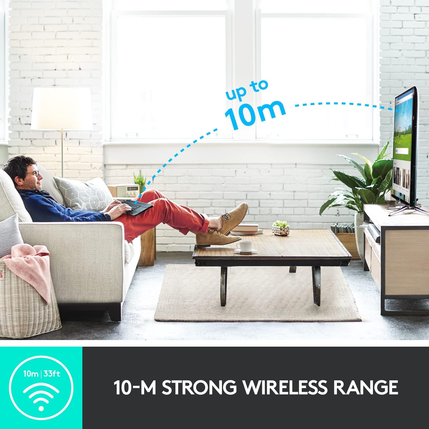 Highlights the product's long 10m wireless range, allowing users to connect devices from a distance for convenience and flexibility.