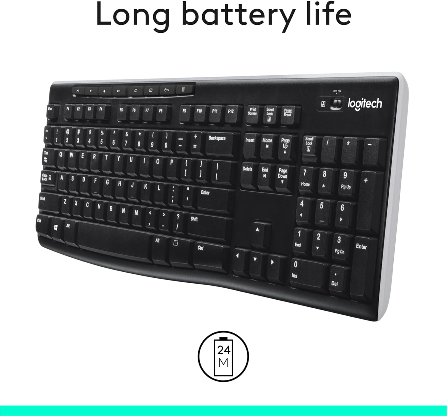 Highlights the keyboard's long battery life of 24 months to reassure shoppers about its extended usage without frequent battery changes.